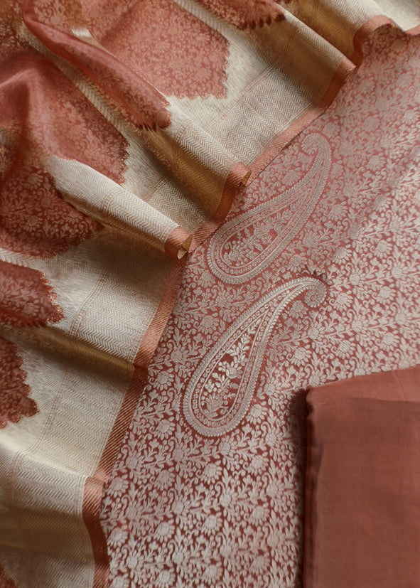 Brown Banarasi Silk Brocade Suit With Organza Dupatta