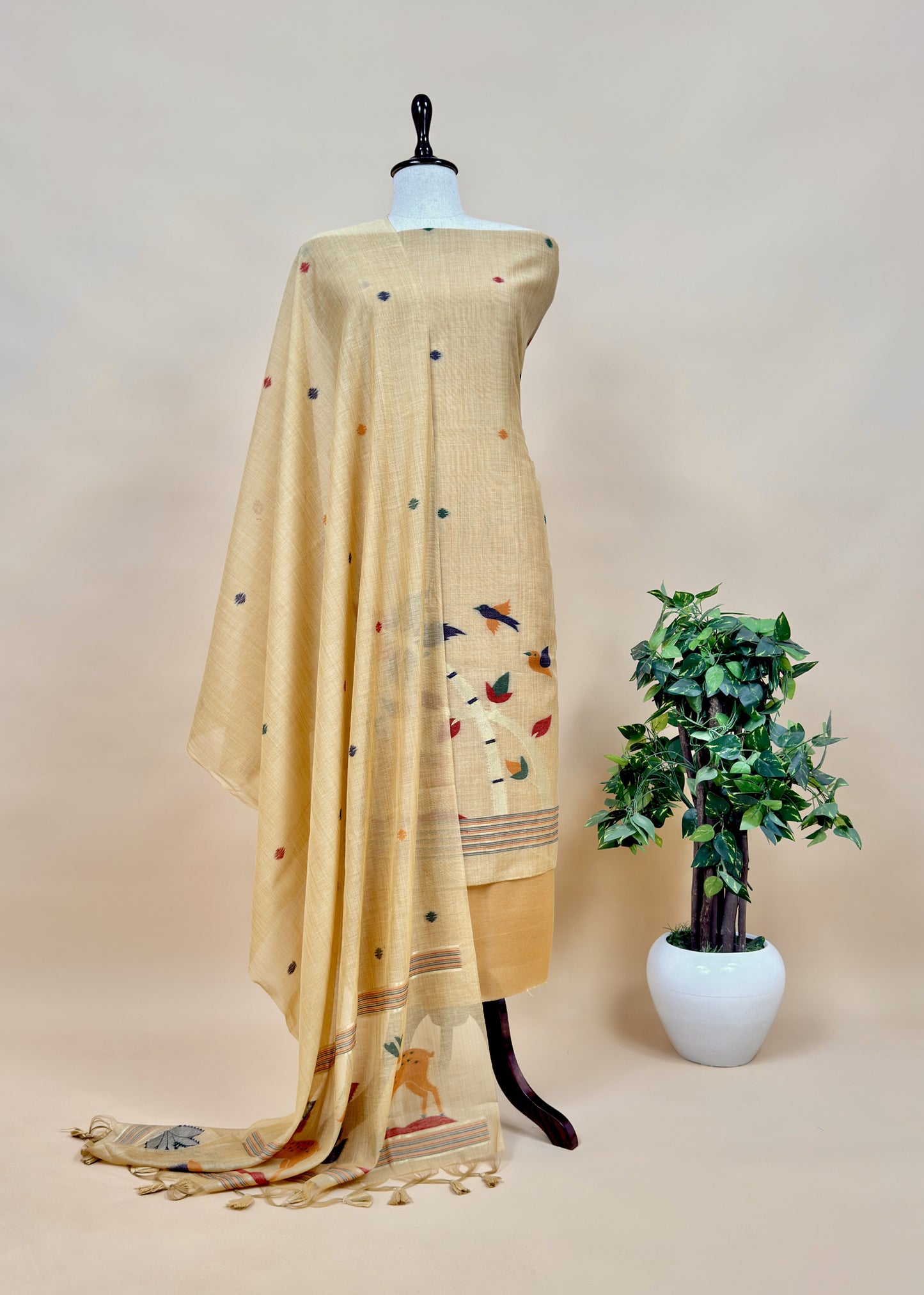 Green Linen Chanderi Suit With Jamdani Weaving