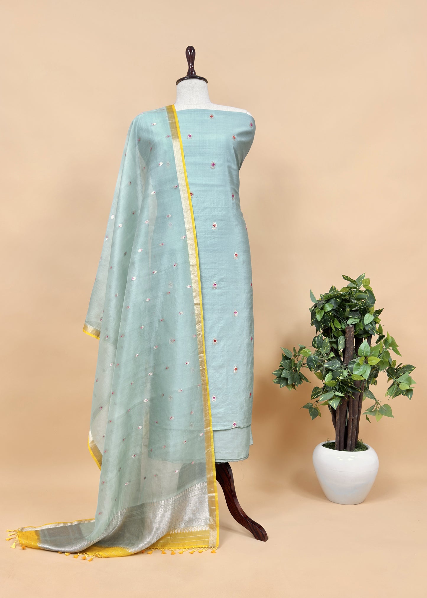 Sky Blue Kora Silk Unstitched Suit With Kadwa Weaving