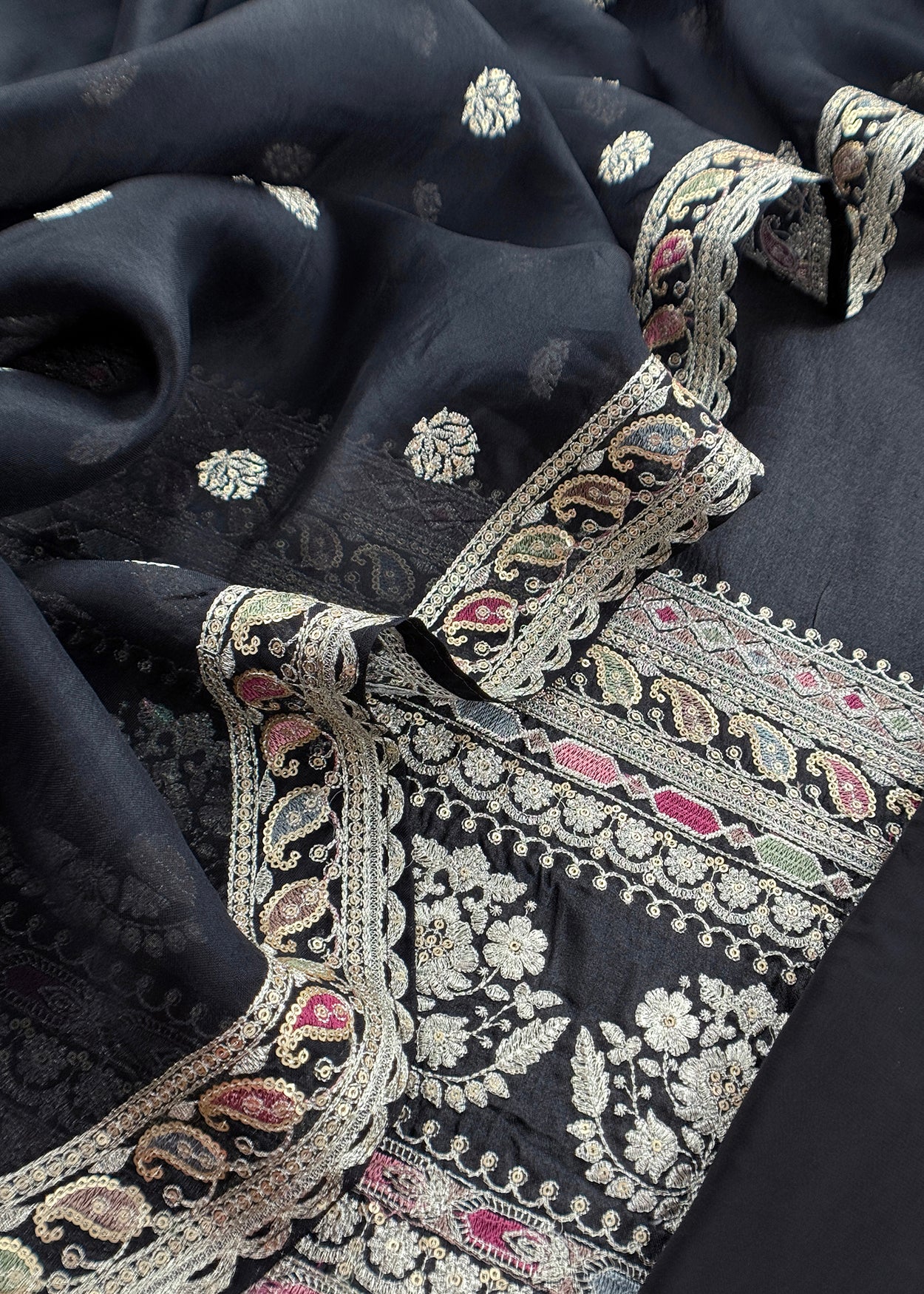 Charcoal Black Resham Thread Embroidered Handloom Unstitched Kora Silk Suit Fabric