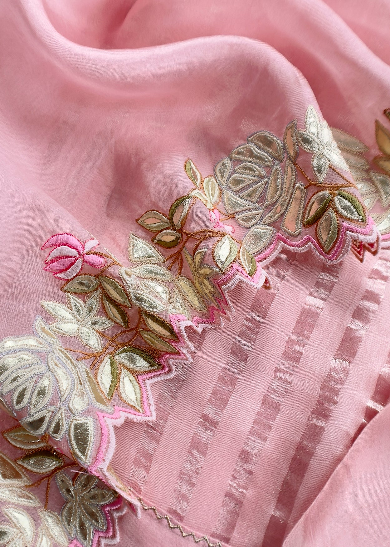 Pink Luxe Zari Woven Handloom Kora Silk Suit Fabric With Gotapatti, Appliqué And Parsi Stitch Handwork