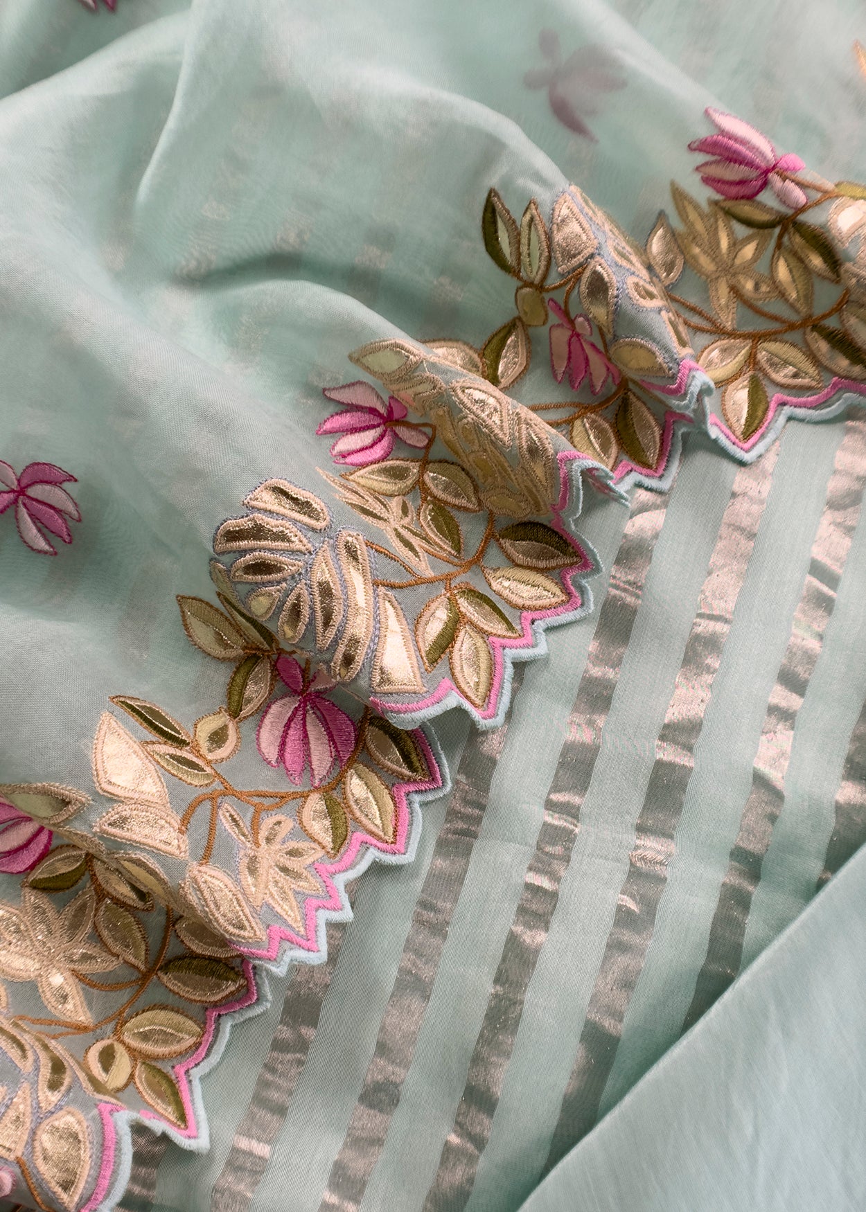 Pastel Blue Luxe Zari Woven Handloom Kora Silk Suit Fabric With Gotapatti, Appliqué And Parsi Stitch Handwork