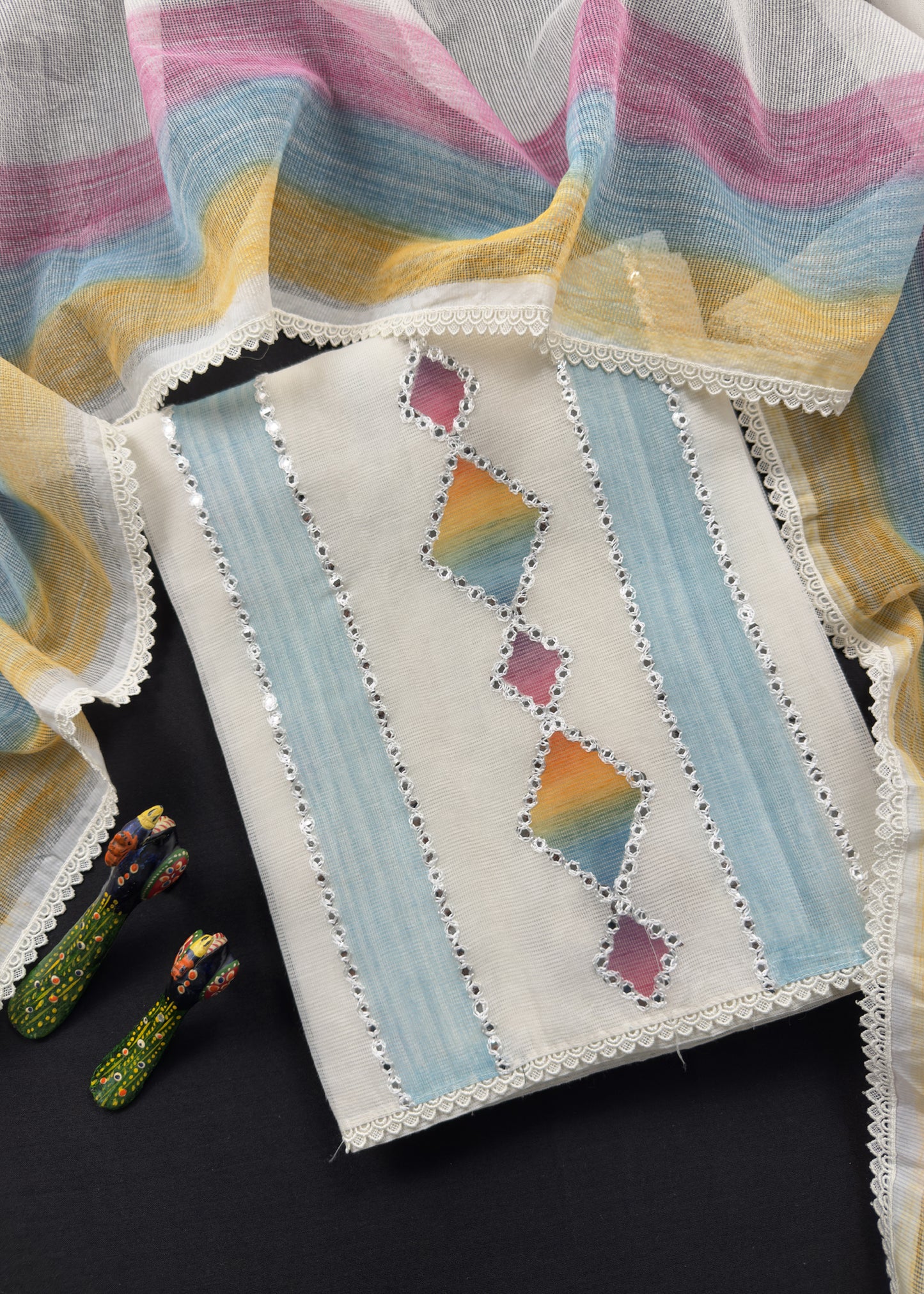 White Unstitched Kota doriya Suit With Dupatta