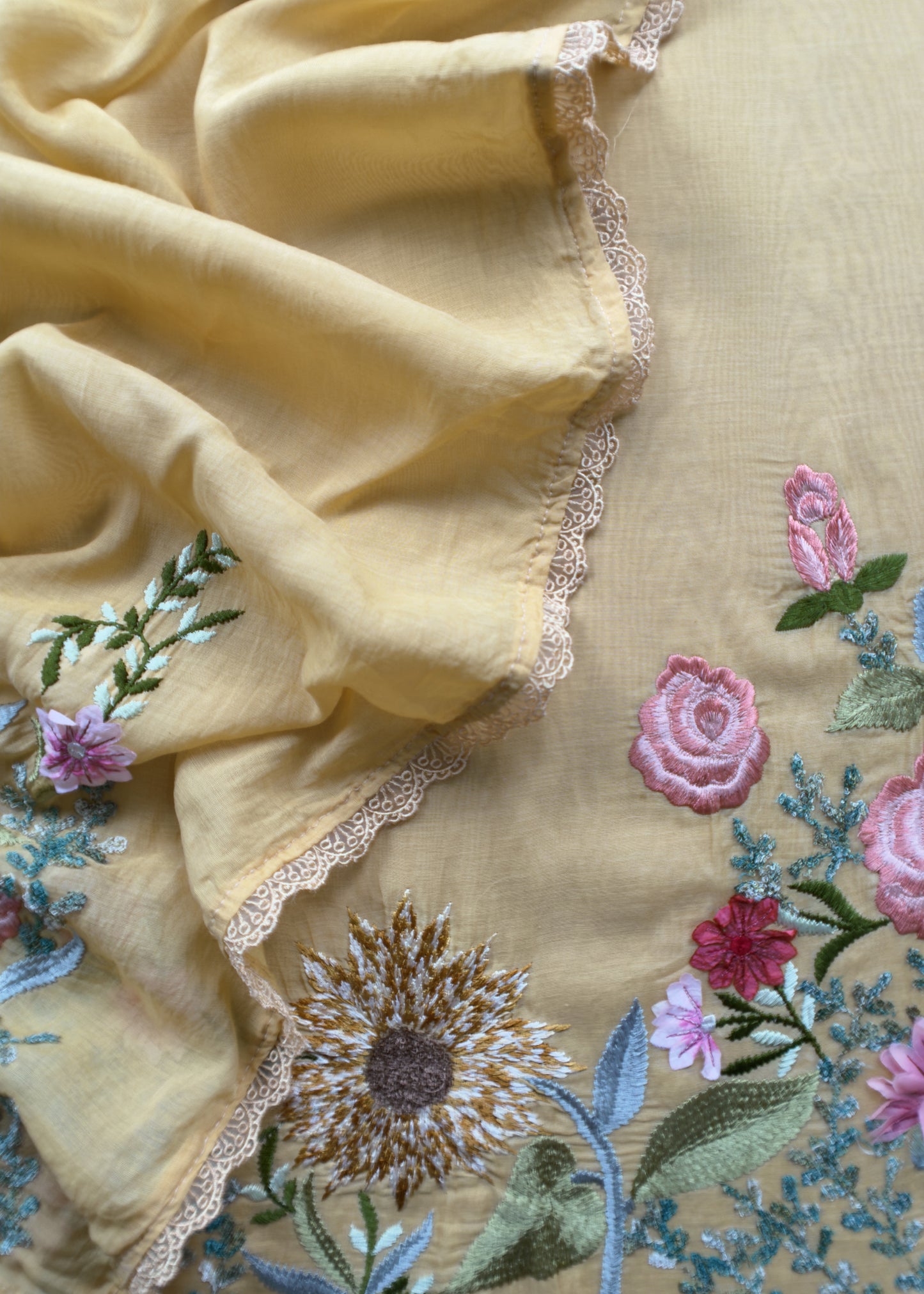 Banana Yellow Pure Mul Cotton Sunflower Suit With Resham Embroidery And Appliqué Work