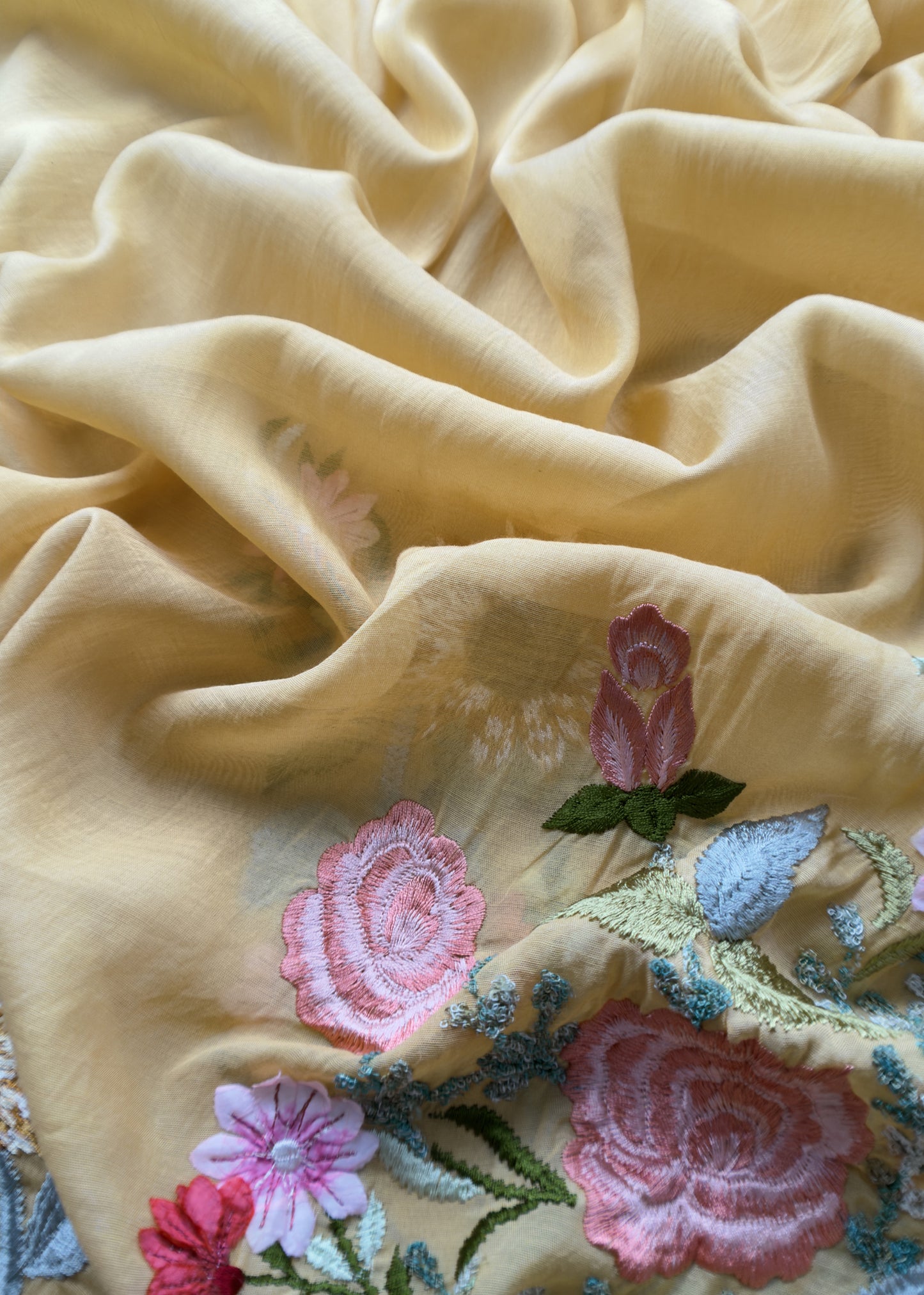 Banana Yellow Pure Mul Cotton Sunflower Suit With Resham Embroidery And Appliqué Work