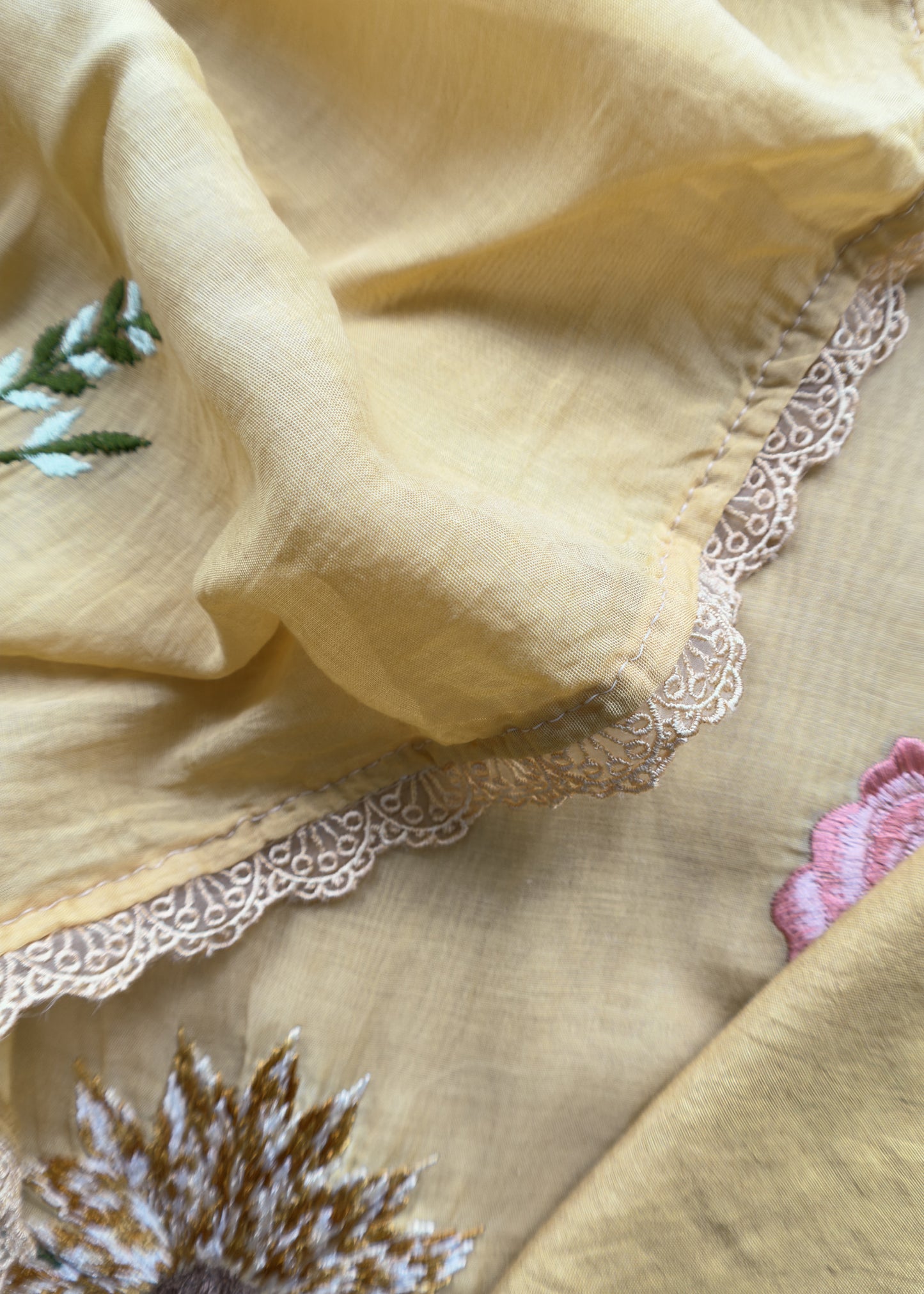 Banana Yellow Pure Mul Cotton Sunflower Suit With Resham Embroidery And Appliqué Work