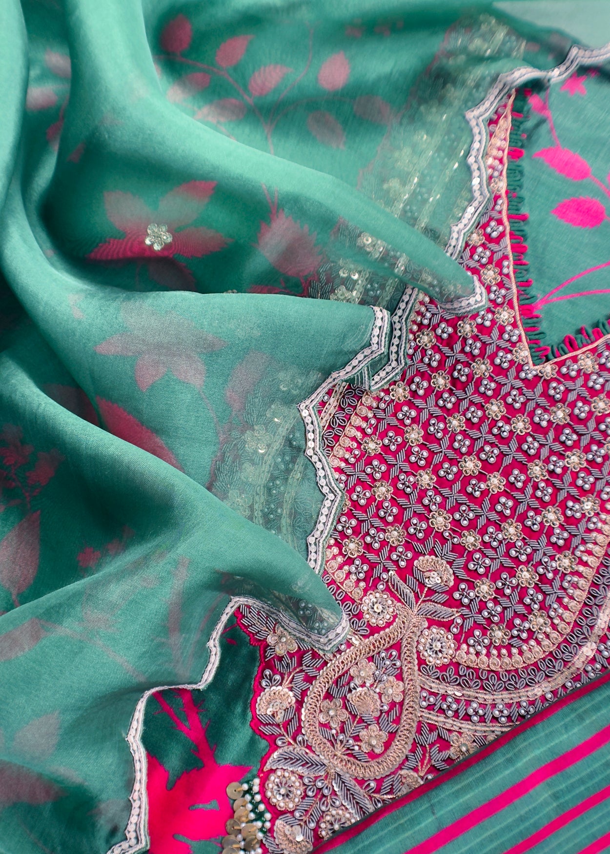 Luxury dupion silk suit with dori dabka zardosi handwork