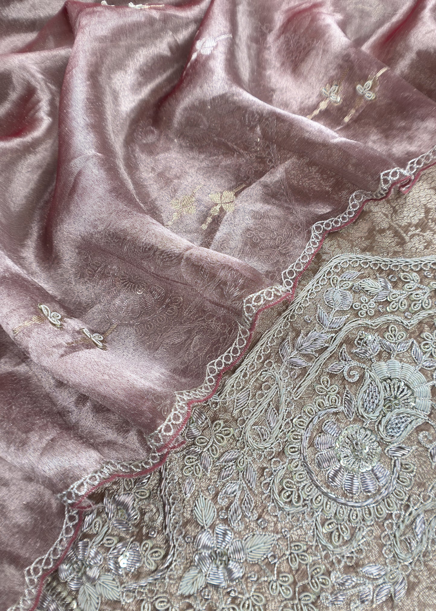 Pink Handloom Brocade Tissue Silk Suit With Dabka, Dori, Zardosi Handwork