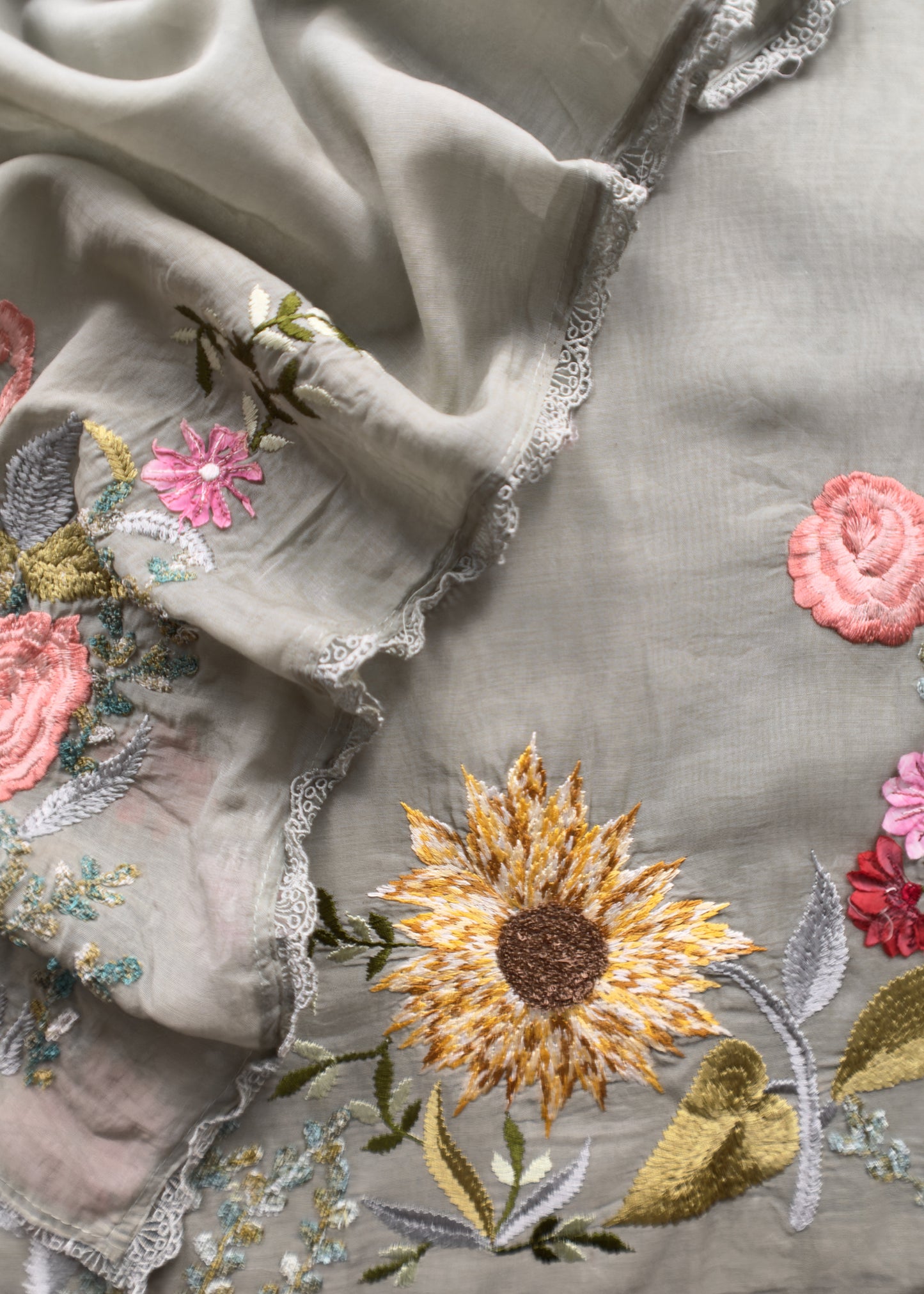 Sage Green Pure Mul Cotton Sunflower Suit With Resham Embroidery And Appliqué Work