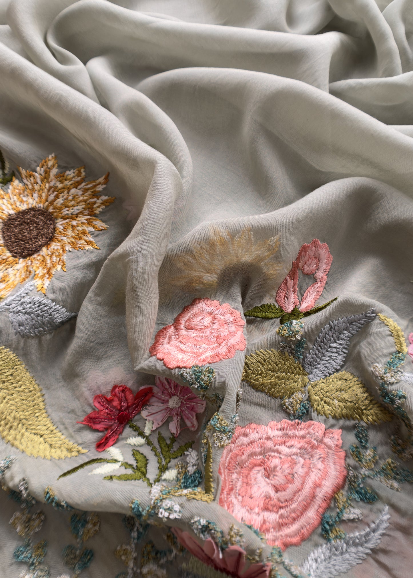 Sage Green Pure Mul Cotton Sunflower Suit With Resham Embroidery And Appliqué Work