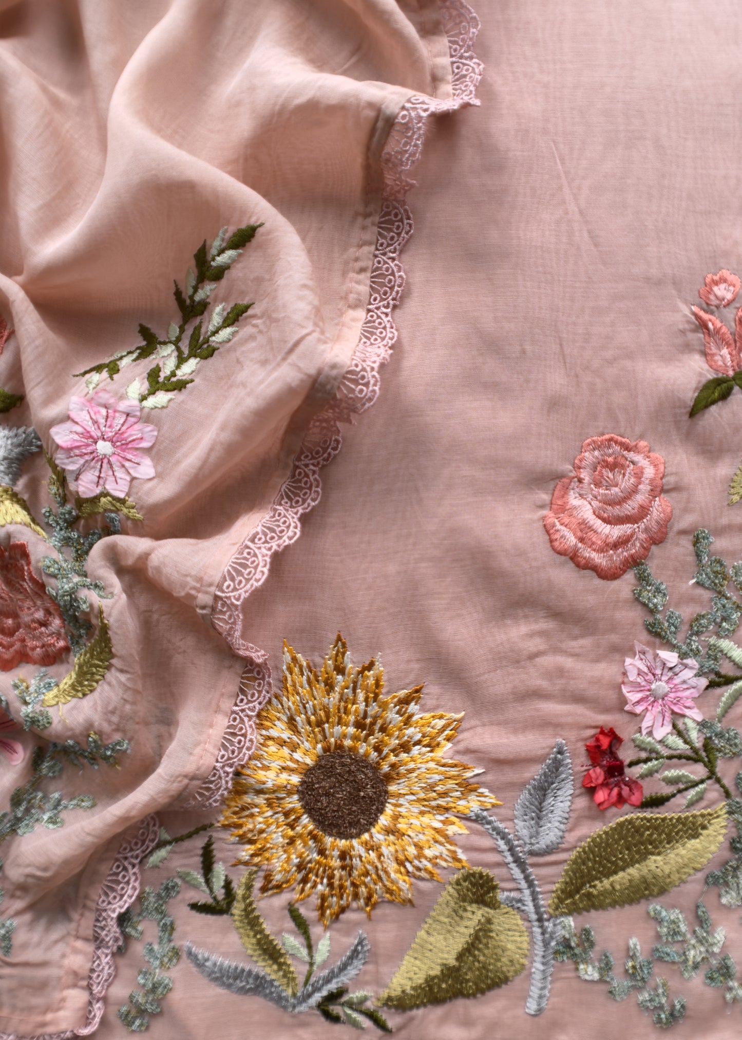 Blush Pure Mul cotton Sunflower Suit with Resham Embroidery and Appliqué Work