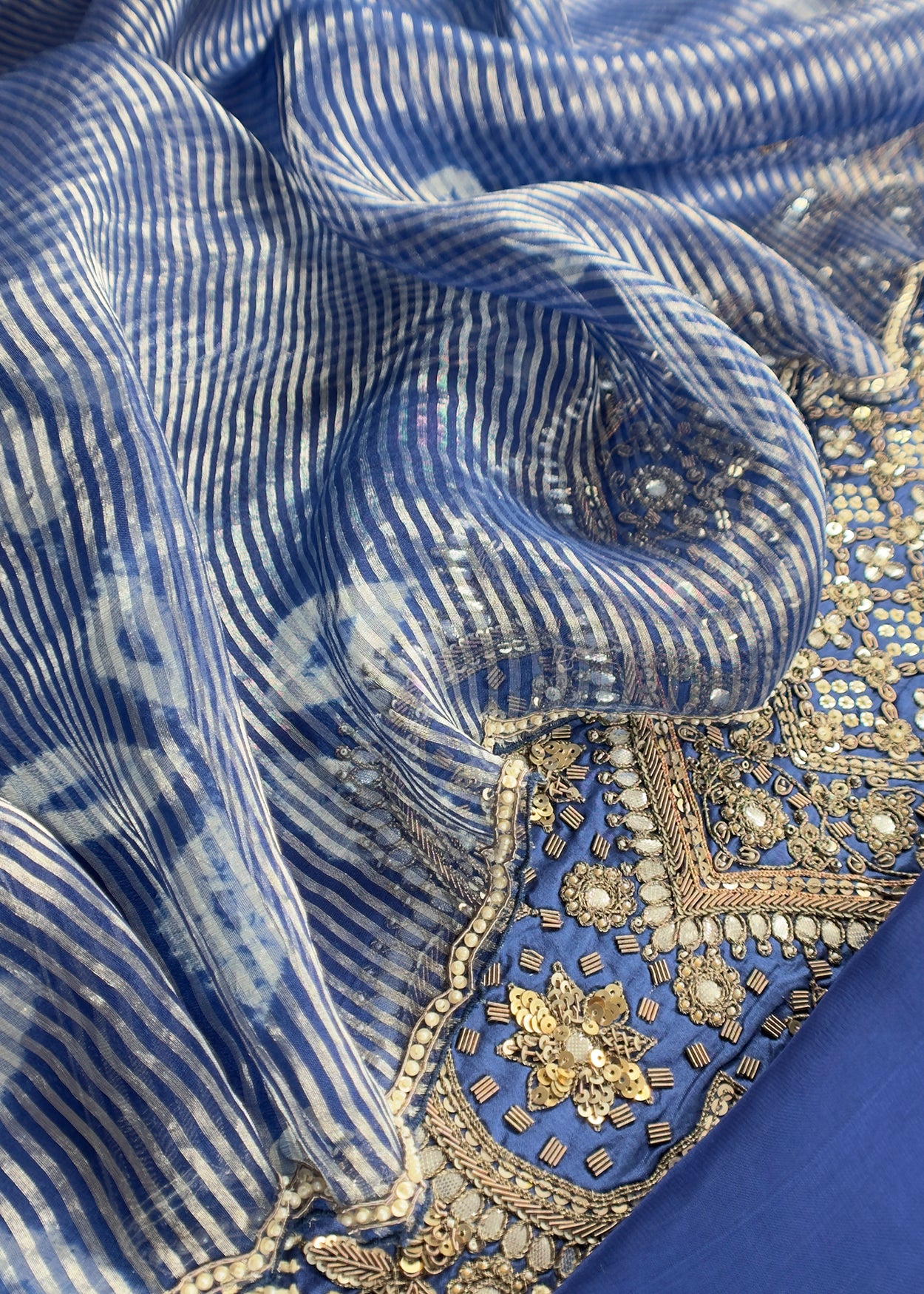 Blue Pure Silk Hand-block Print Suit With Tissue Silk Dupatta