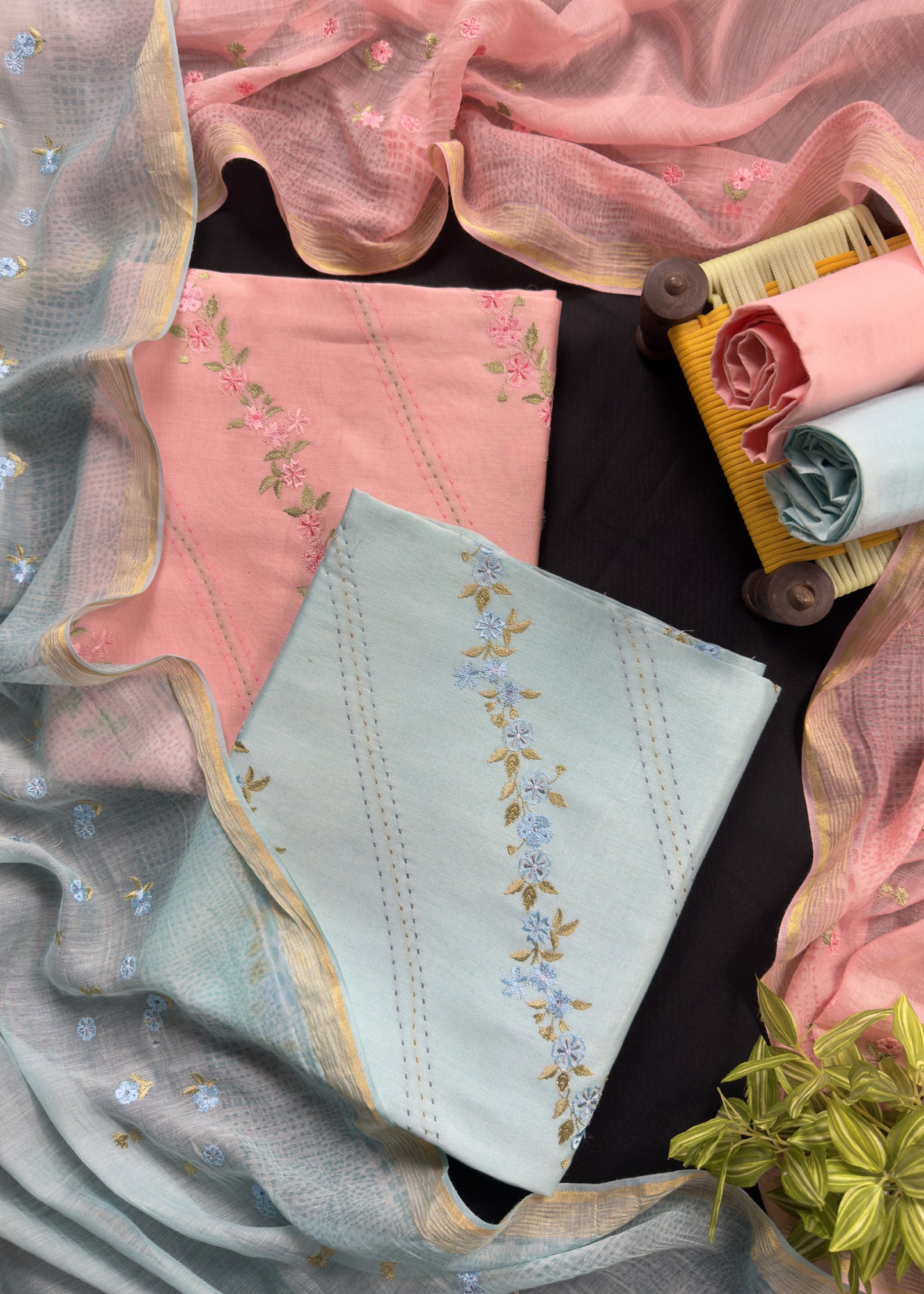 Shree Niketan Blue Chanderi Suit With Parsi Thread Embroidery
