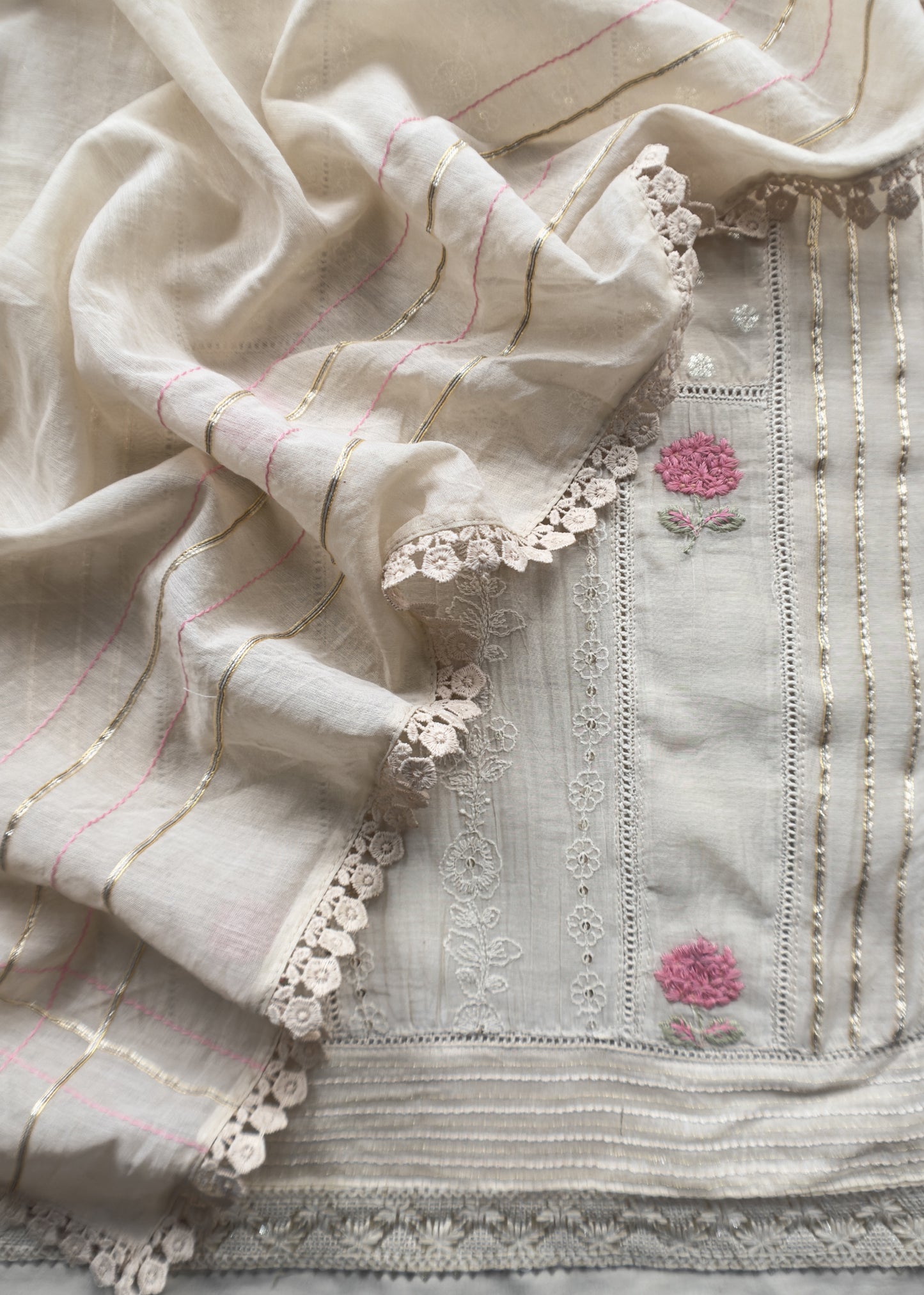 Beige Pure Mul Suit With Gold Pitta Work And Resham Embroidery
