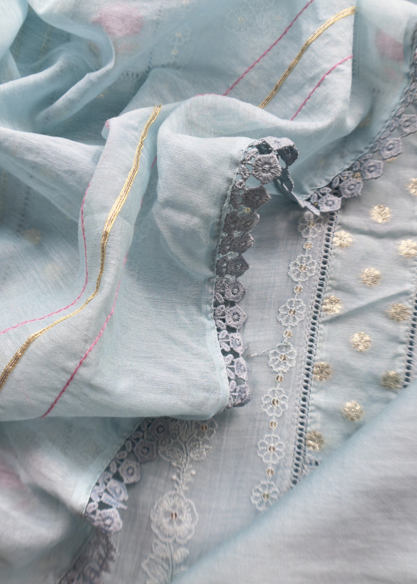 Light Blue Pure Mul Suit With Gold Pitta Work And Resham Embroidery