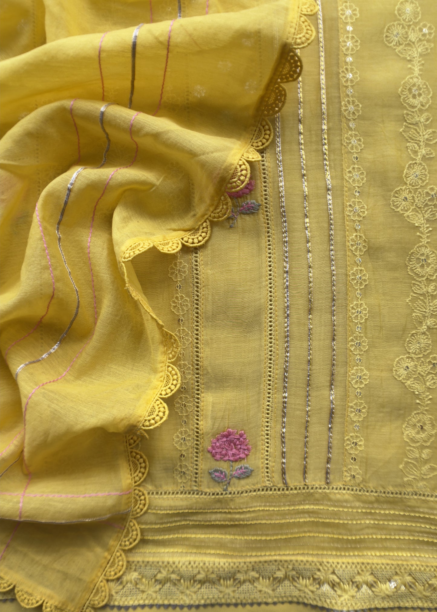 Sunshine Yellow Pure Mul Suit With Gold Pitta Work And Resham Embroidery