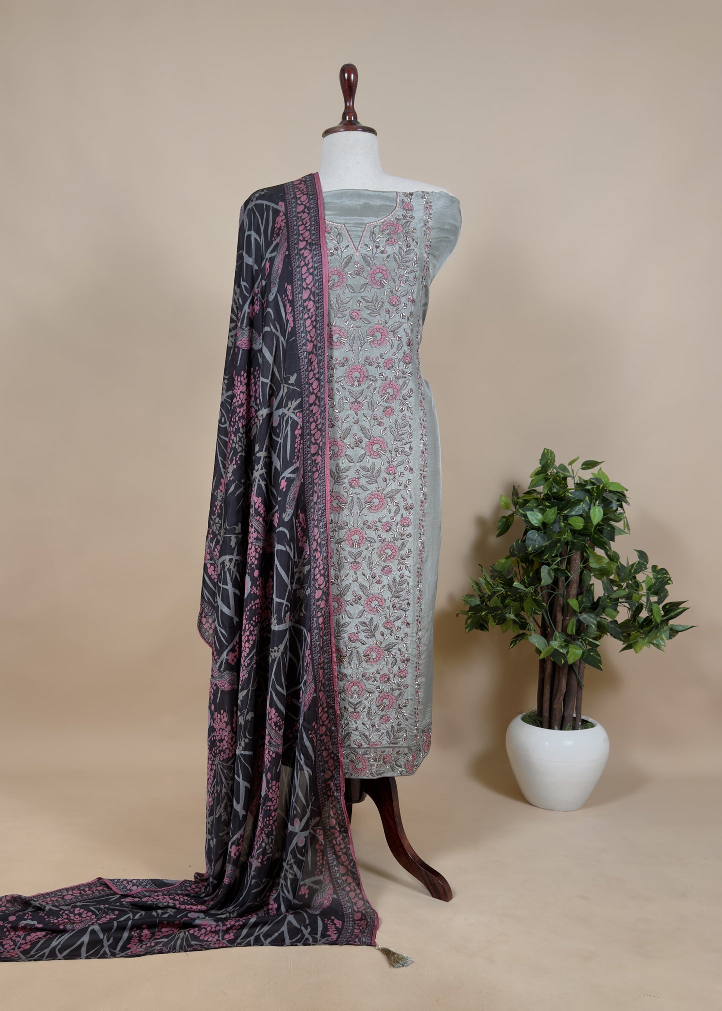 Grey Russian Silk Embroidered Unstitched Suit with contrast Tebby Dupatta