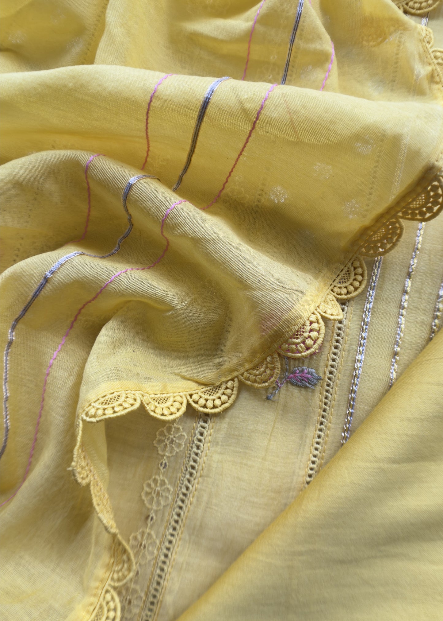 Sunshine Yellow Pure Mul Suit With Gold Pitta Work And Resham Embroidery
