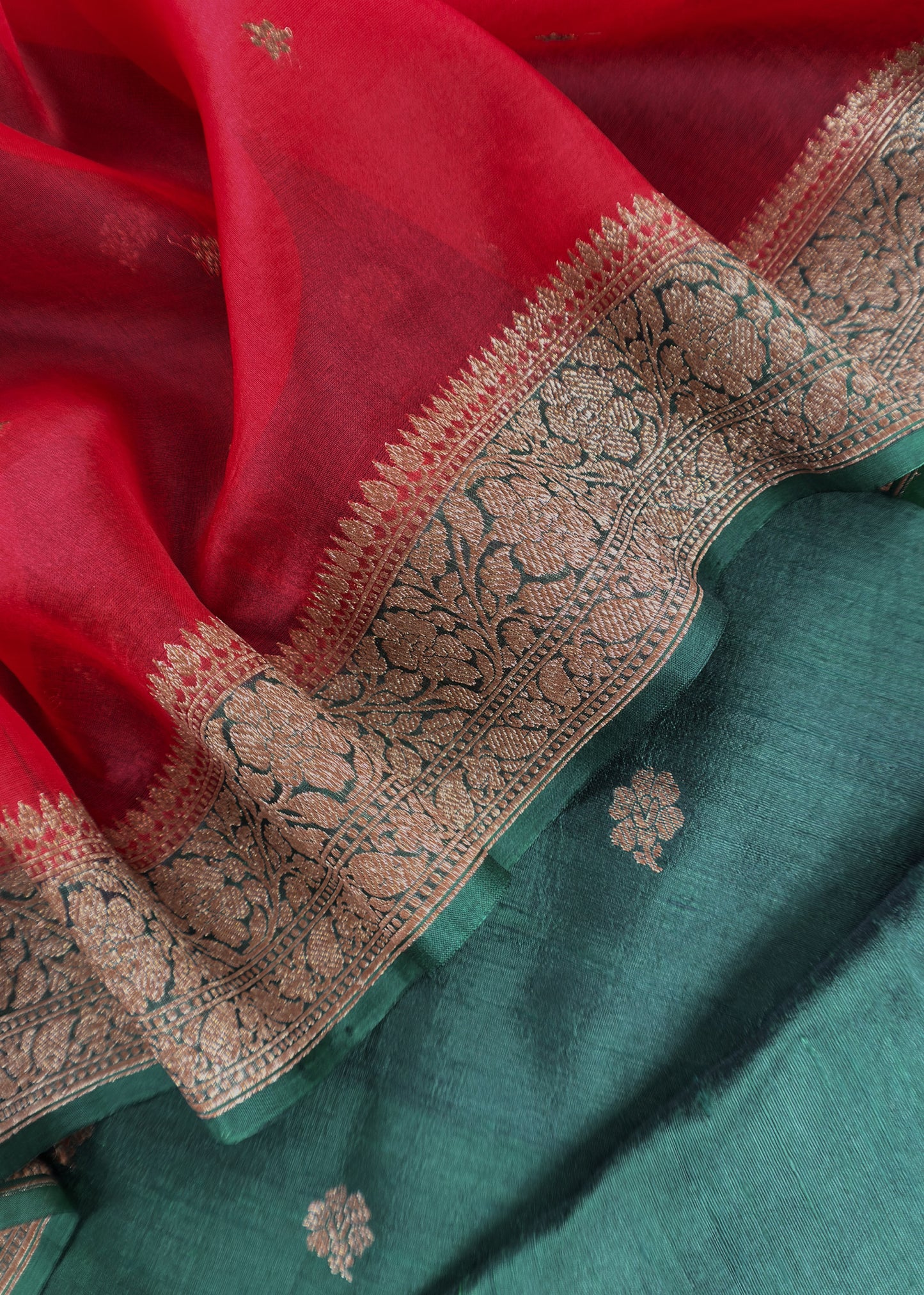 Green and Red Handloom Raw Silk Kurta and Kora Silk Dupatta with Gold Kadwa Weaving