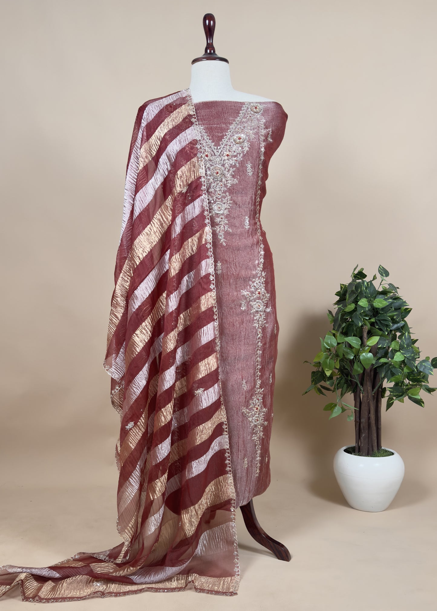 Purple Handwoven Designer Crushed Tissue-Silk Unstitched Suit with Dori work
