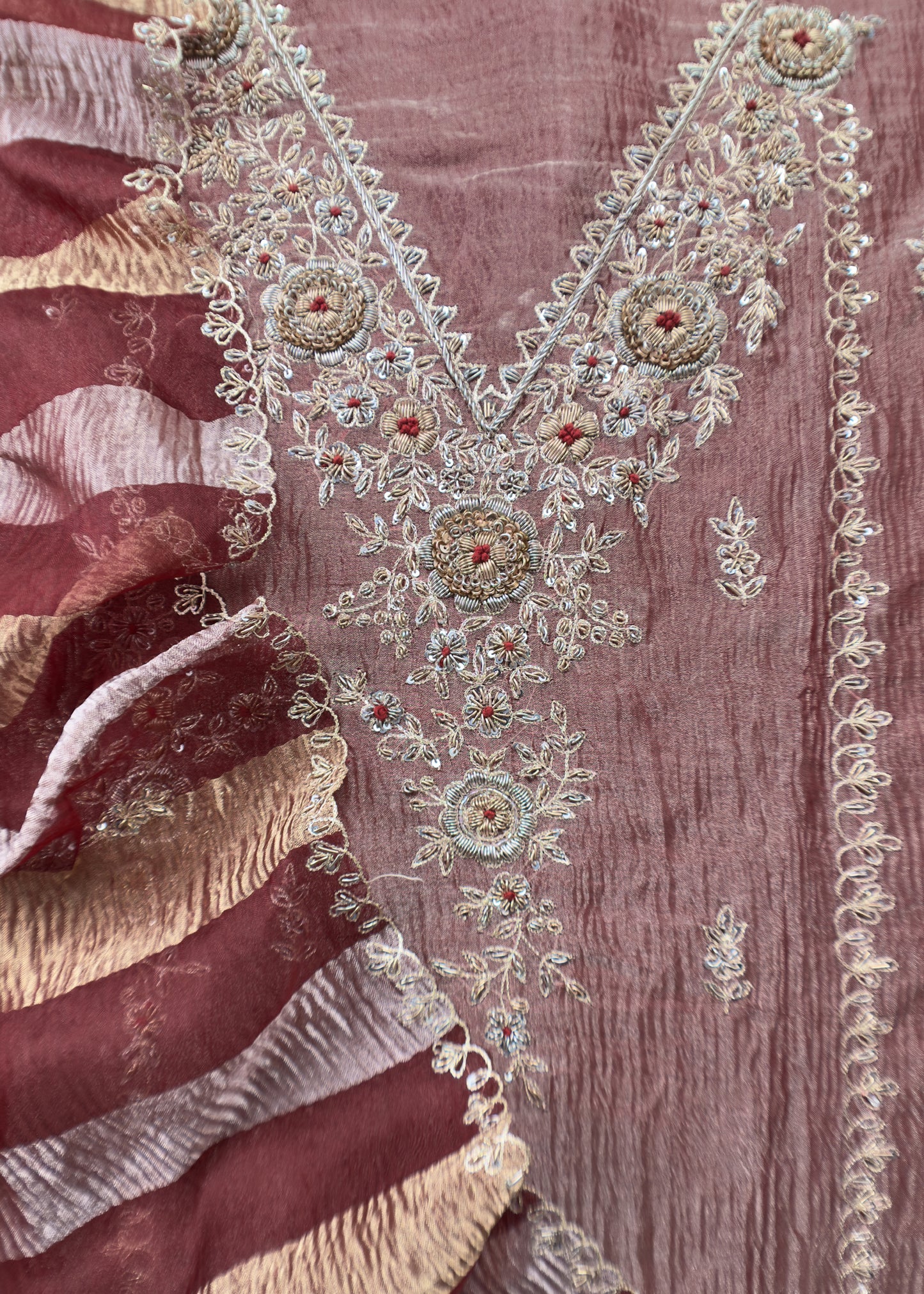 Handwoven Designer Crushed Tissue-Silk Unstitched Suit with Dori work