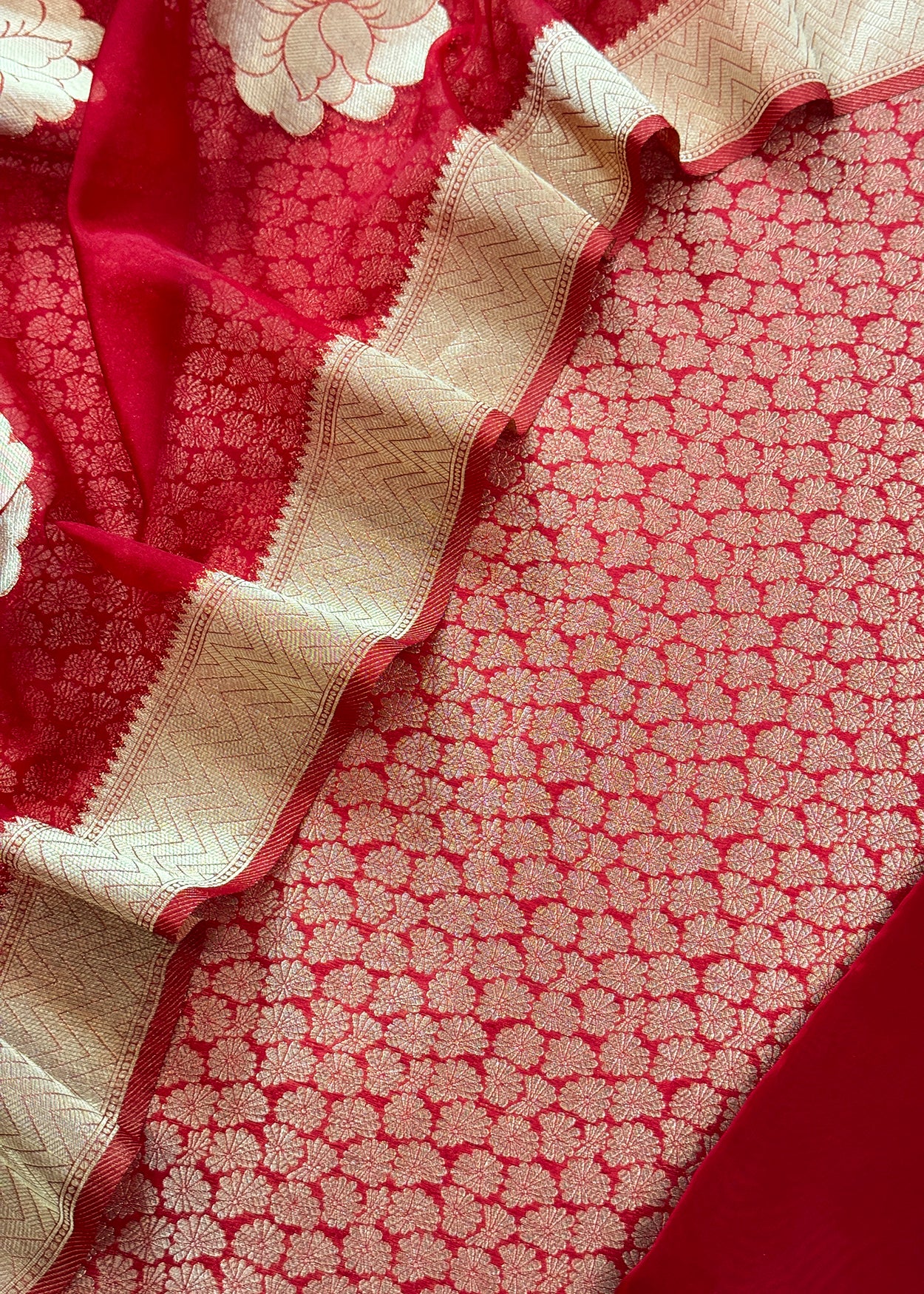 Red Designer Pure Brocade Silk Kurta And Organza Dupatta