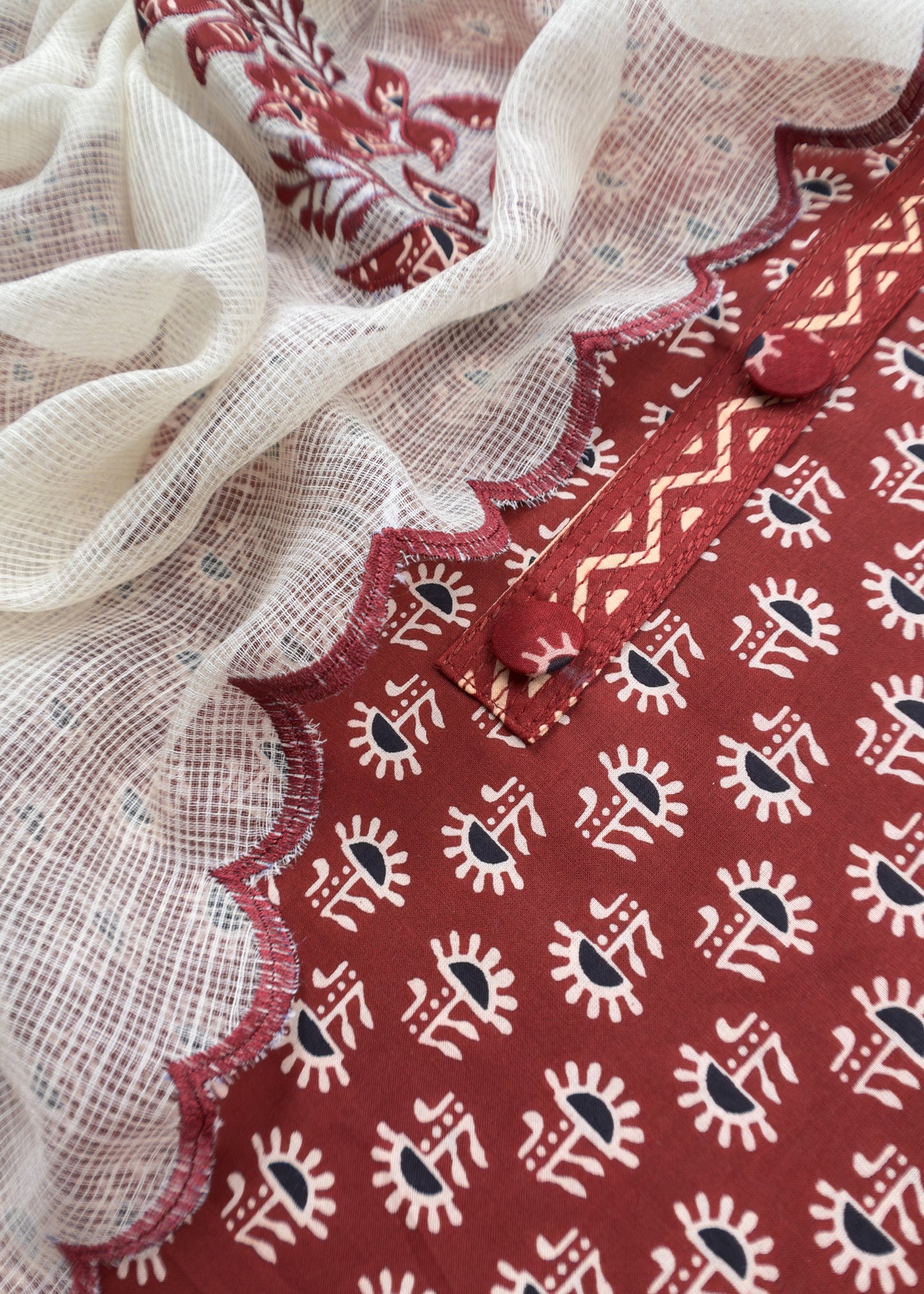 Maroon Ajrakh Pure Cotton Suit With Appliqué work