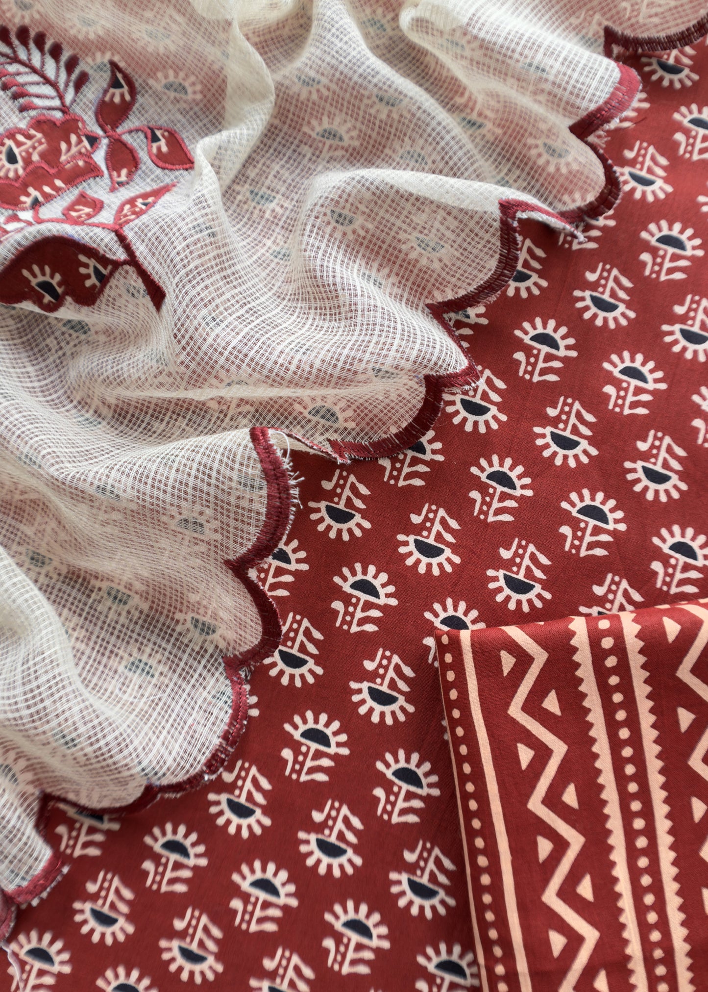 Maroon Ajrakh Pure Cotton Suit With Appliqué work