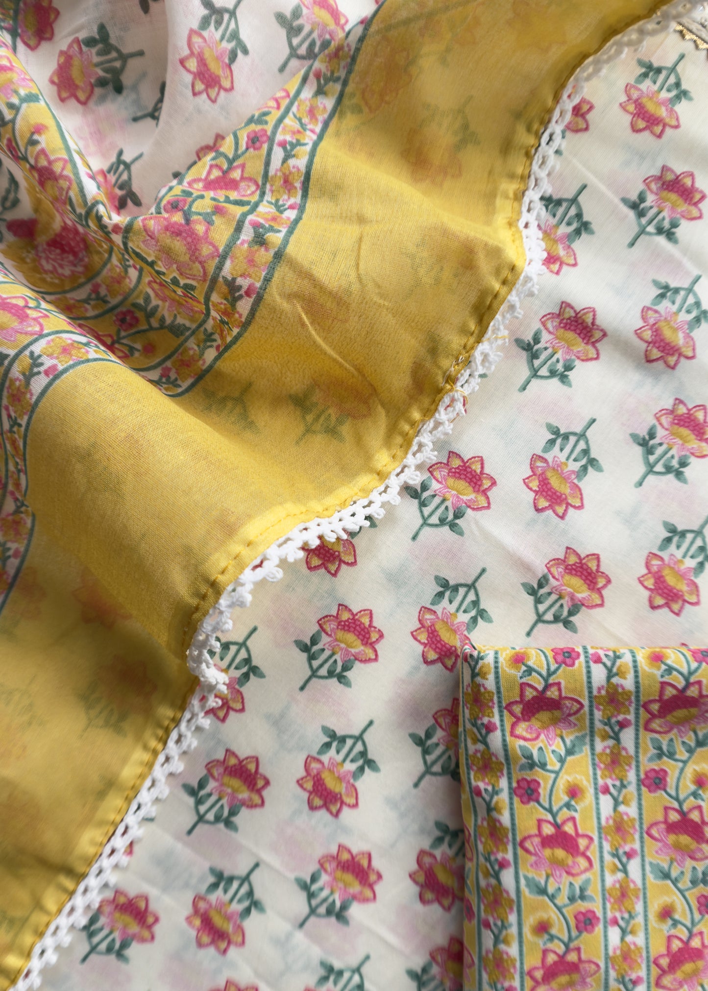 Yellow Pure Cotton Jaipuri Hand-block Print Unstitched Suit