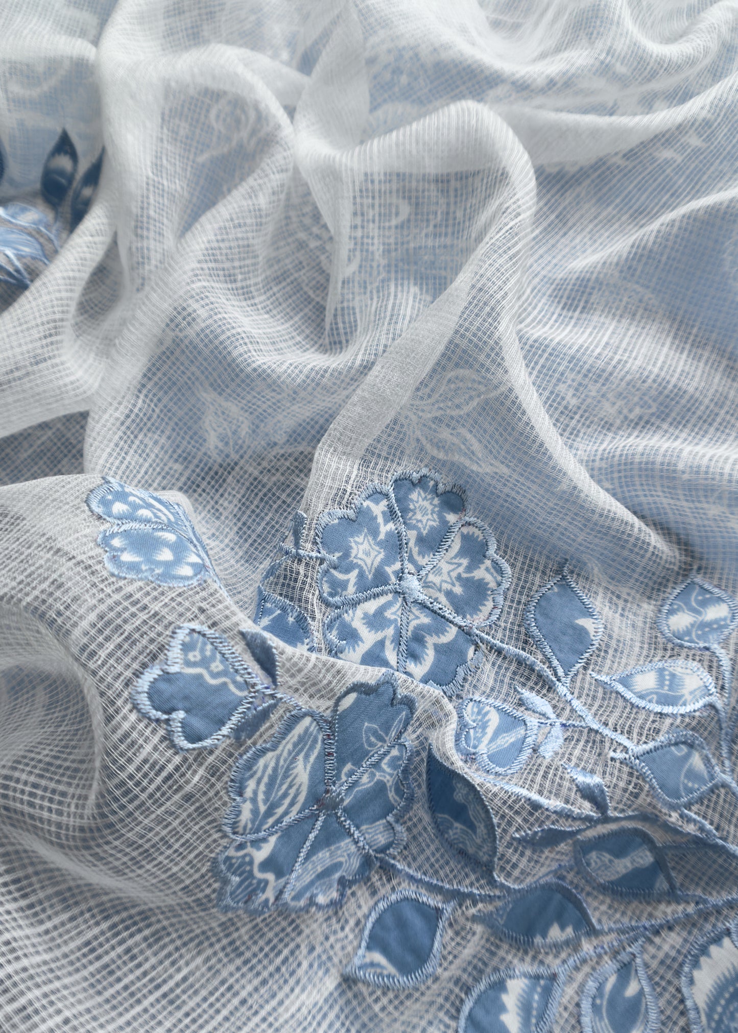 Blue Pure Cotton Suit Set With Kota Doria Dupatta And Appliqué Work
