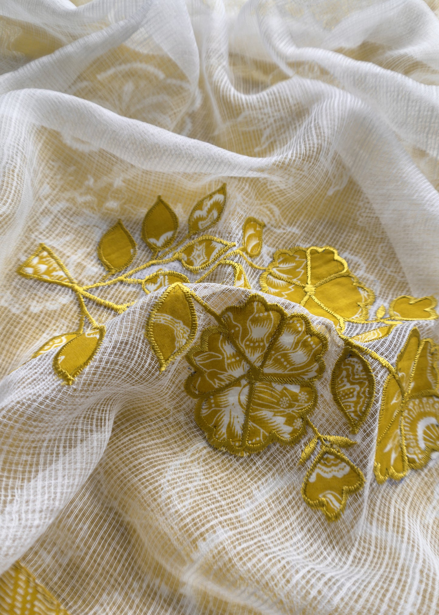 Yellow Pure Cotton Suit Set With Kota Doria Dupatta And Appliqué Work