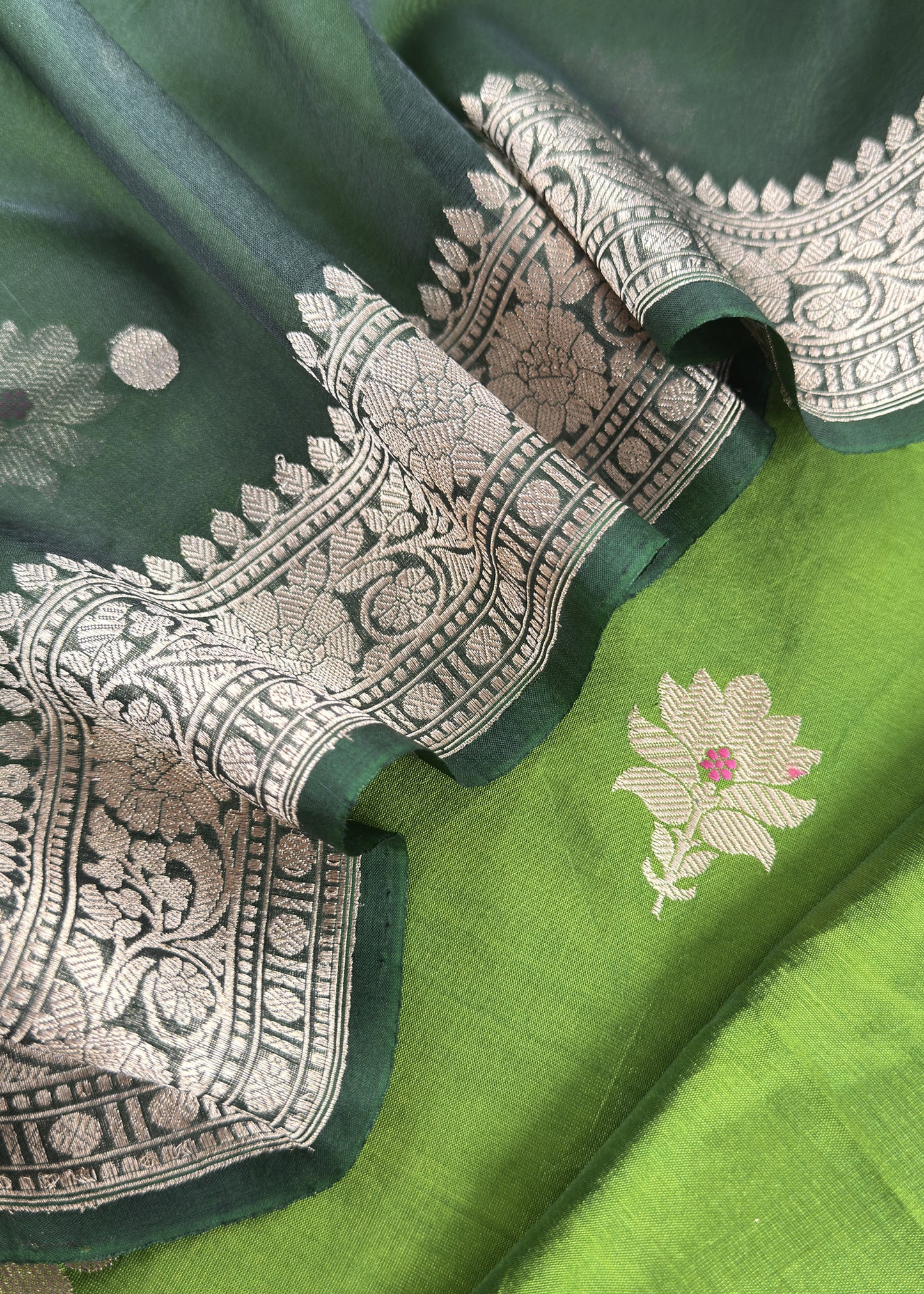 Parrot Green Handloom Banarasi Silk Kurta And Kora Silk Dupatta With Kadwa Meenakari Weaving