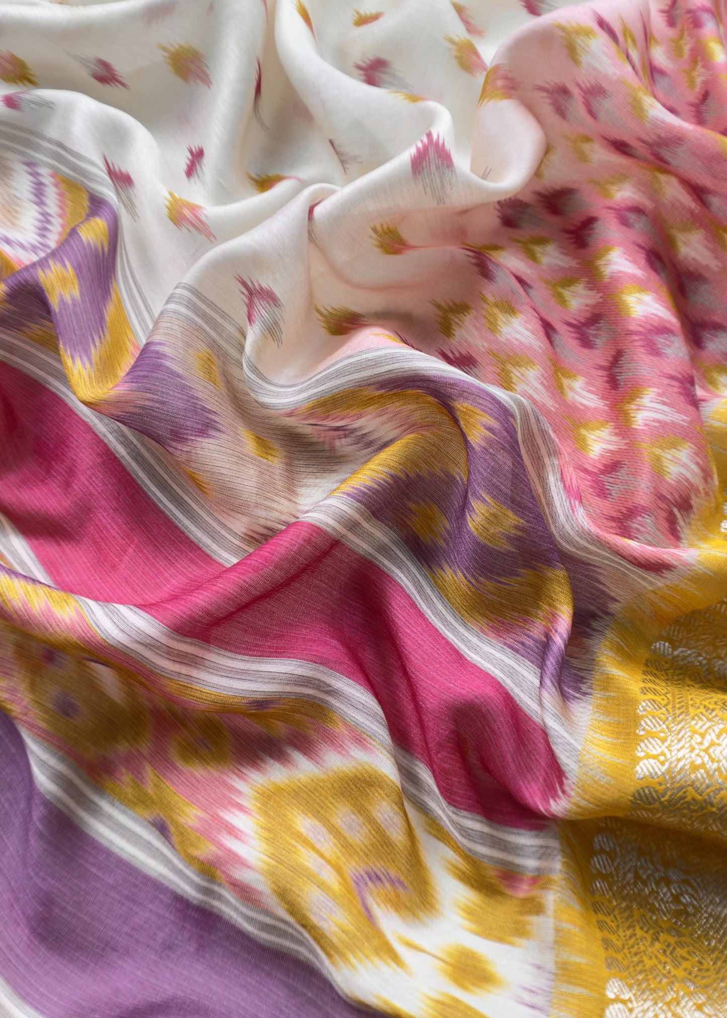 Chrome Yellow Handloom Ikkat Chanderi Suit Fabric With Maheshwari Border