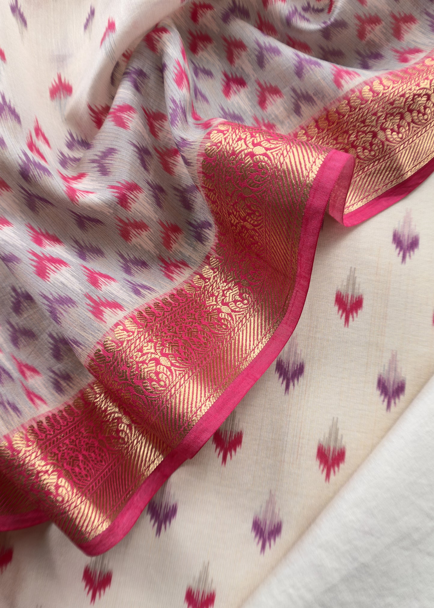 Pink Punch Handloom Ikkat Chanderi Suit Fabric With Maheshwari Border