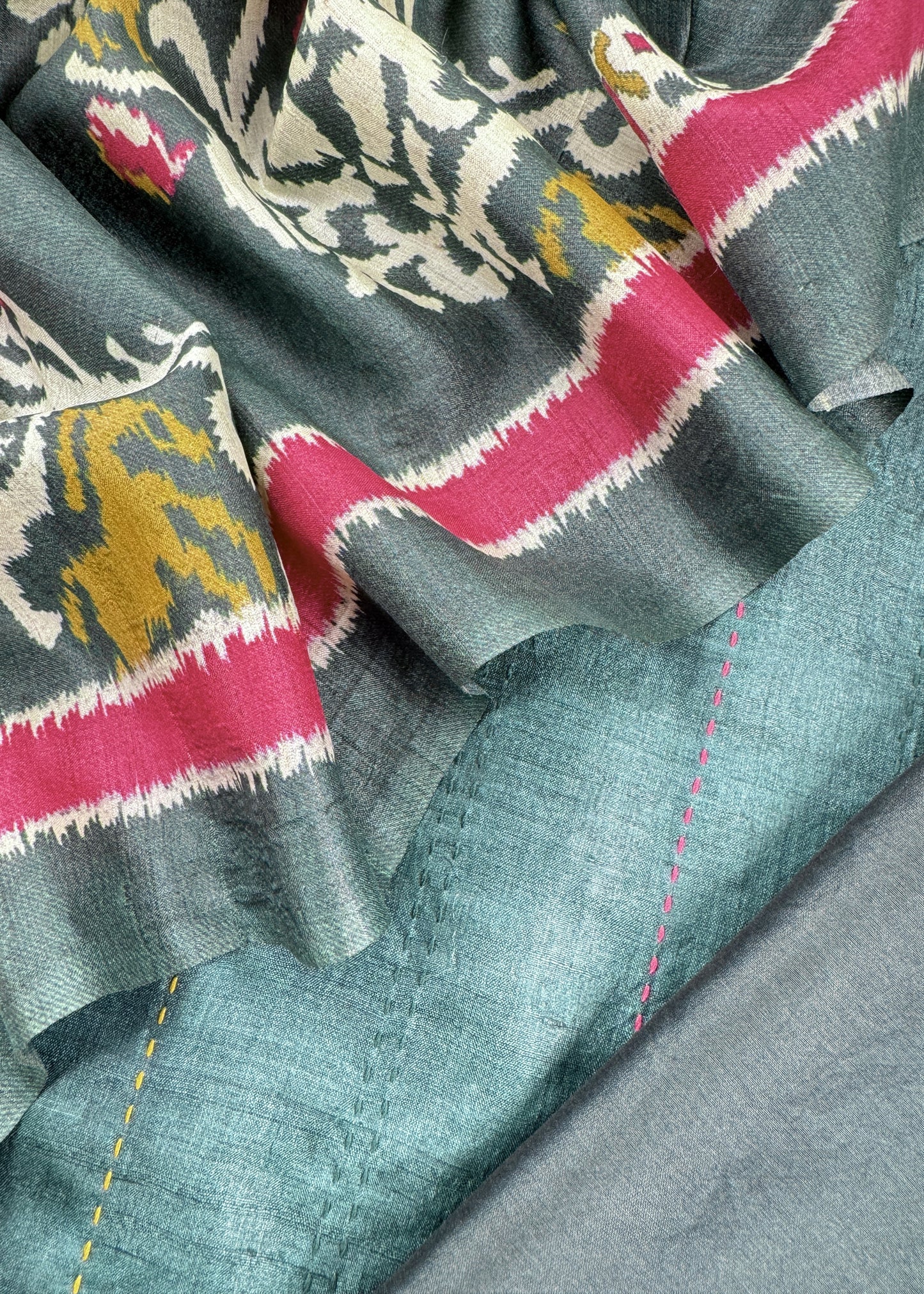 Dark Green Patola Handloom Munga Tussar Suit Fabric With Kantha Stitch Embroidery