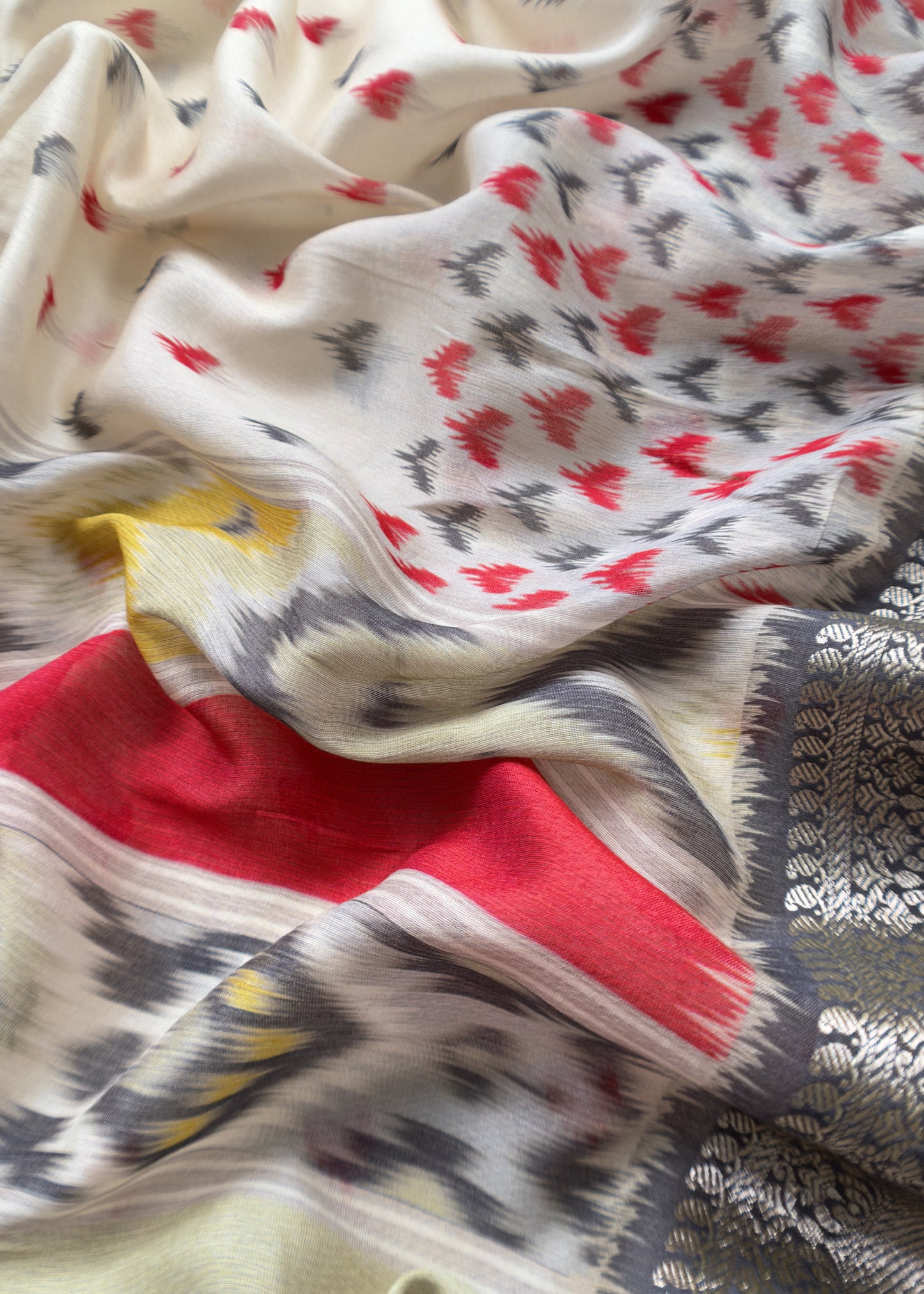 White And Red Handloom Ikkat Chanderi Suit Fabric With Maheshwari Border