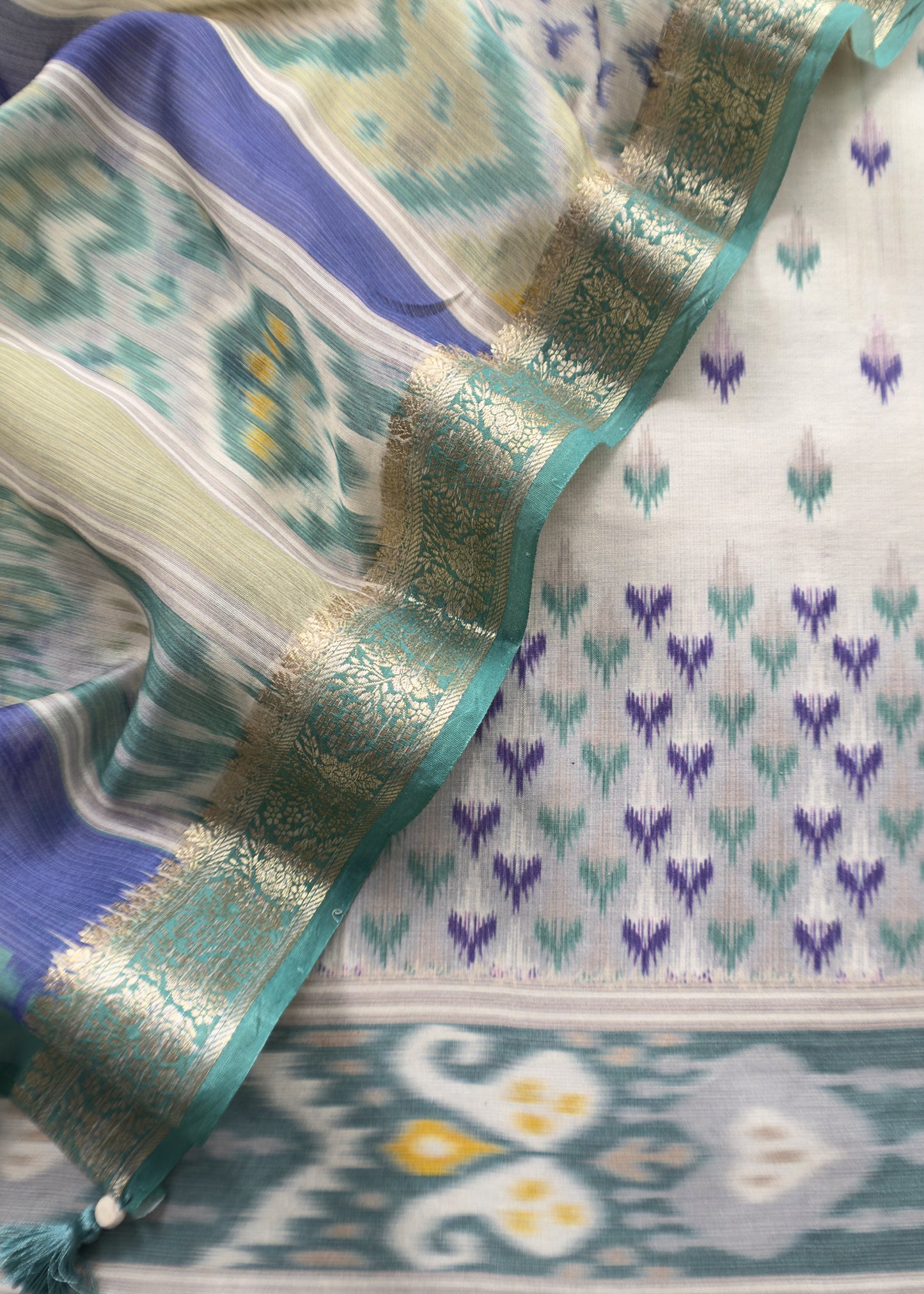 Teal Green Handloom Ikkat Chanderi Suit Fabric With Maheshwari Border