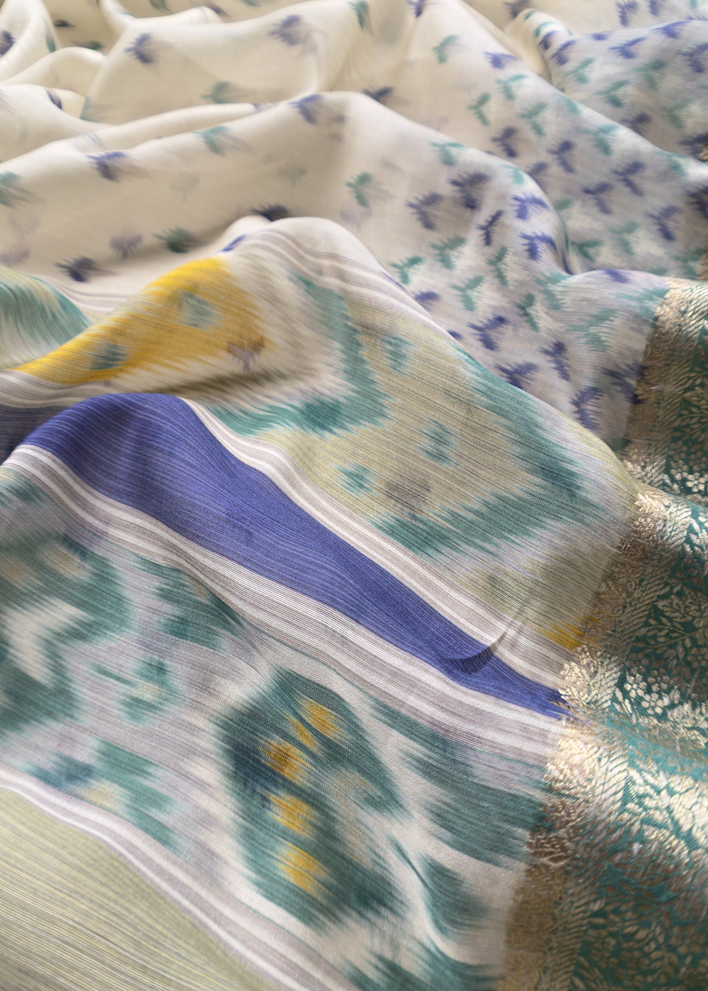 Teal Green Handloom Ikkat Chanderi Suit Fabric With Maheshwari Border