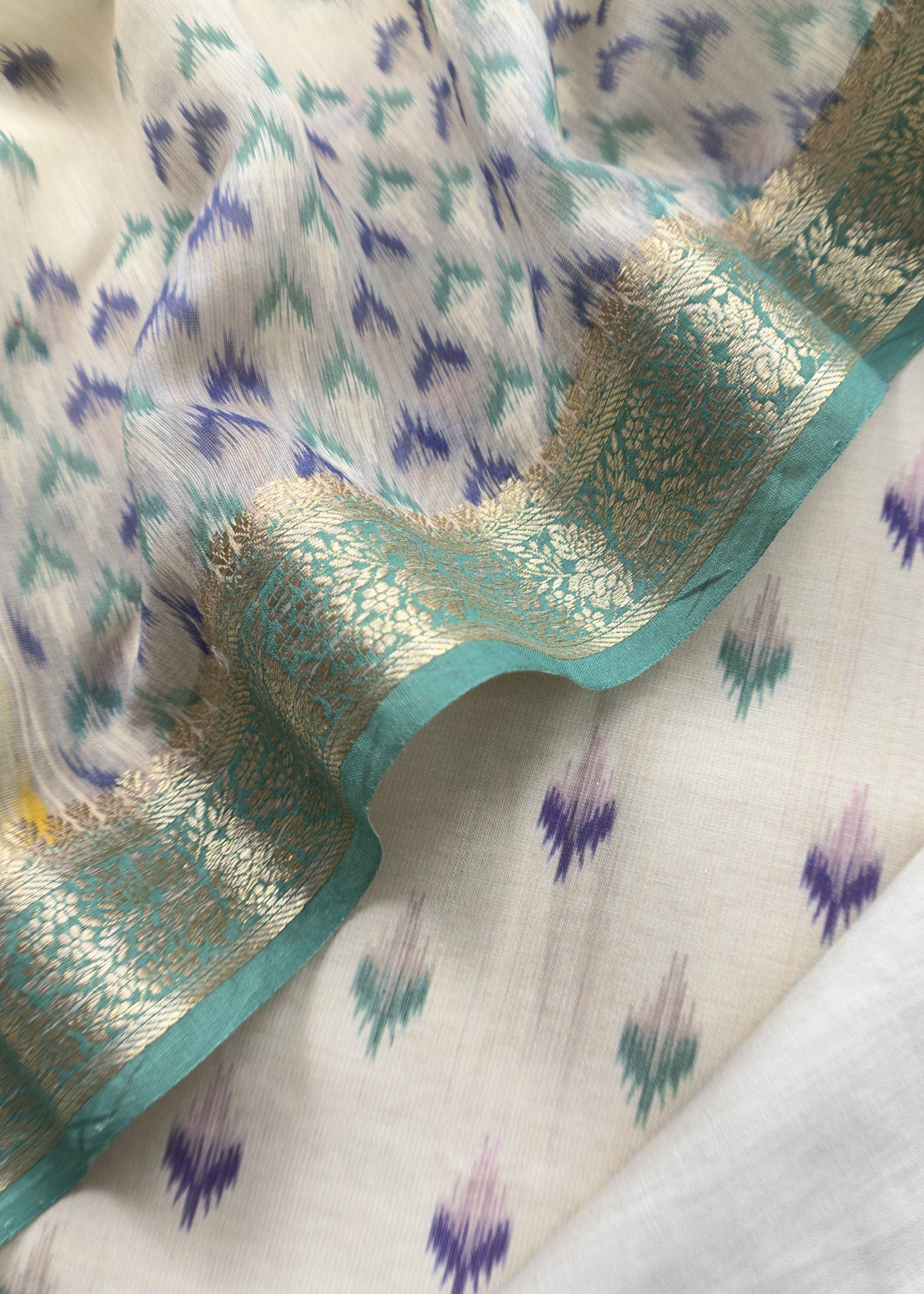 Teal Green Handloom Ikkat Chanderi Suit Fabric With Maheshwari Border