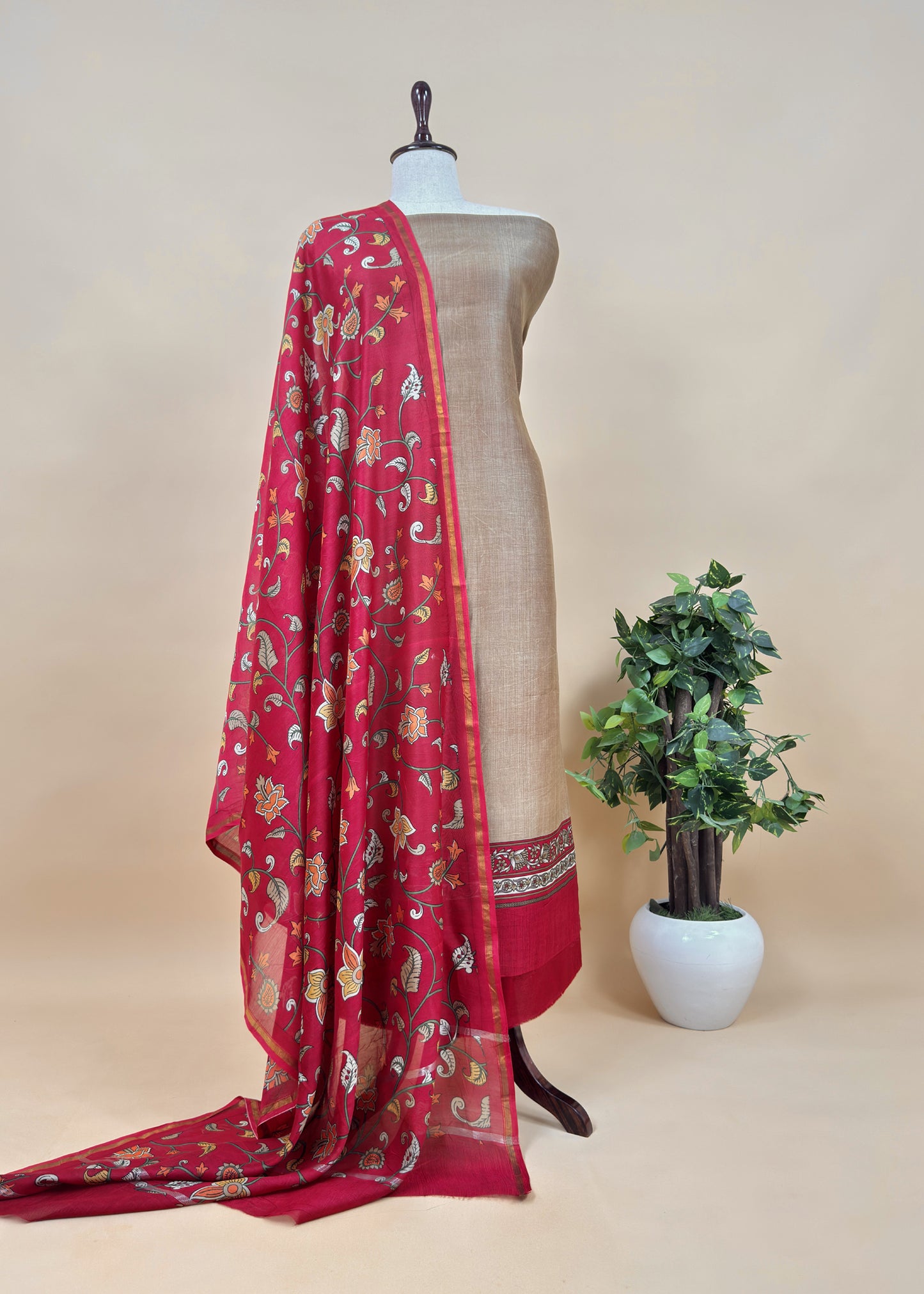Mustard And Red Kalamkari Print Pure Maheshwari Silk Suit With Dupatta