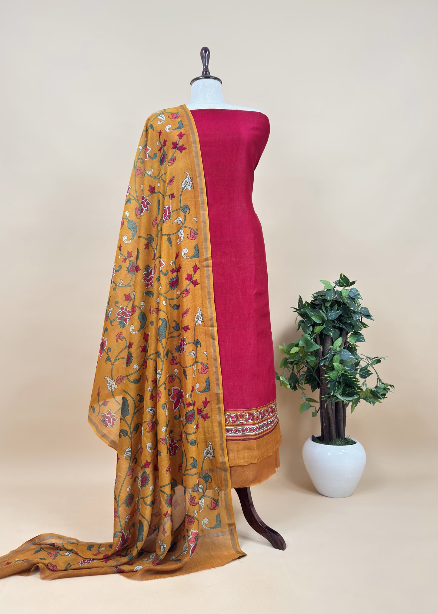 Caramel And Brown Kalamkari Print Pure Maheshwari Silk Suit With Dupatta