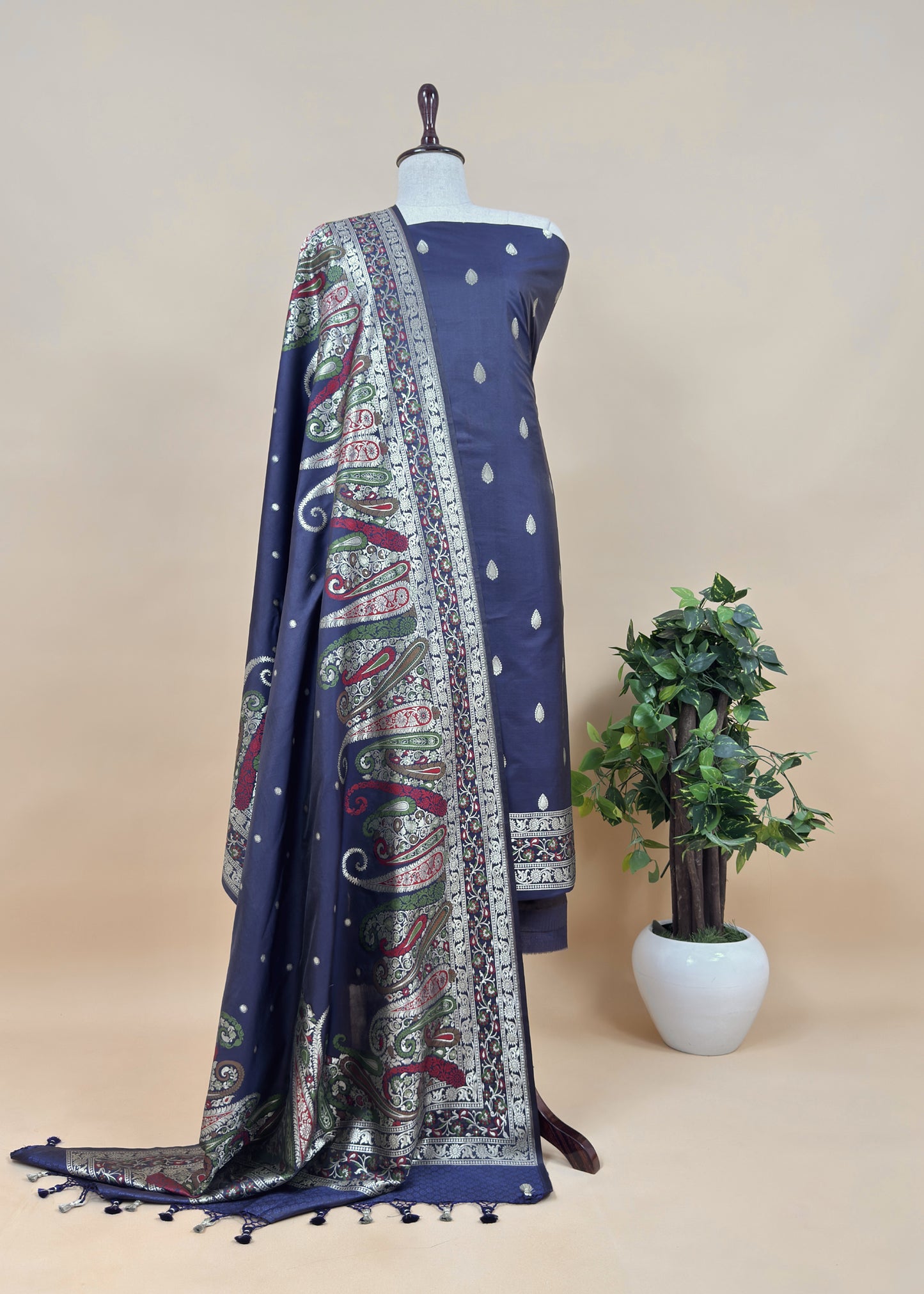Blue Handloom Paithani Weave Suit In Katan Silk