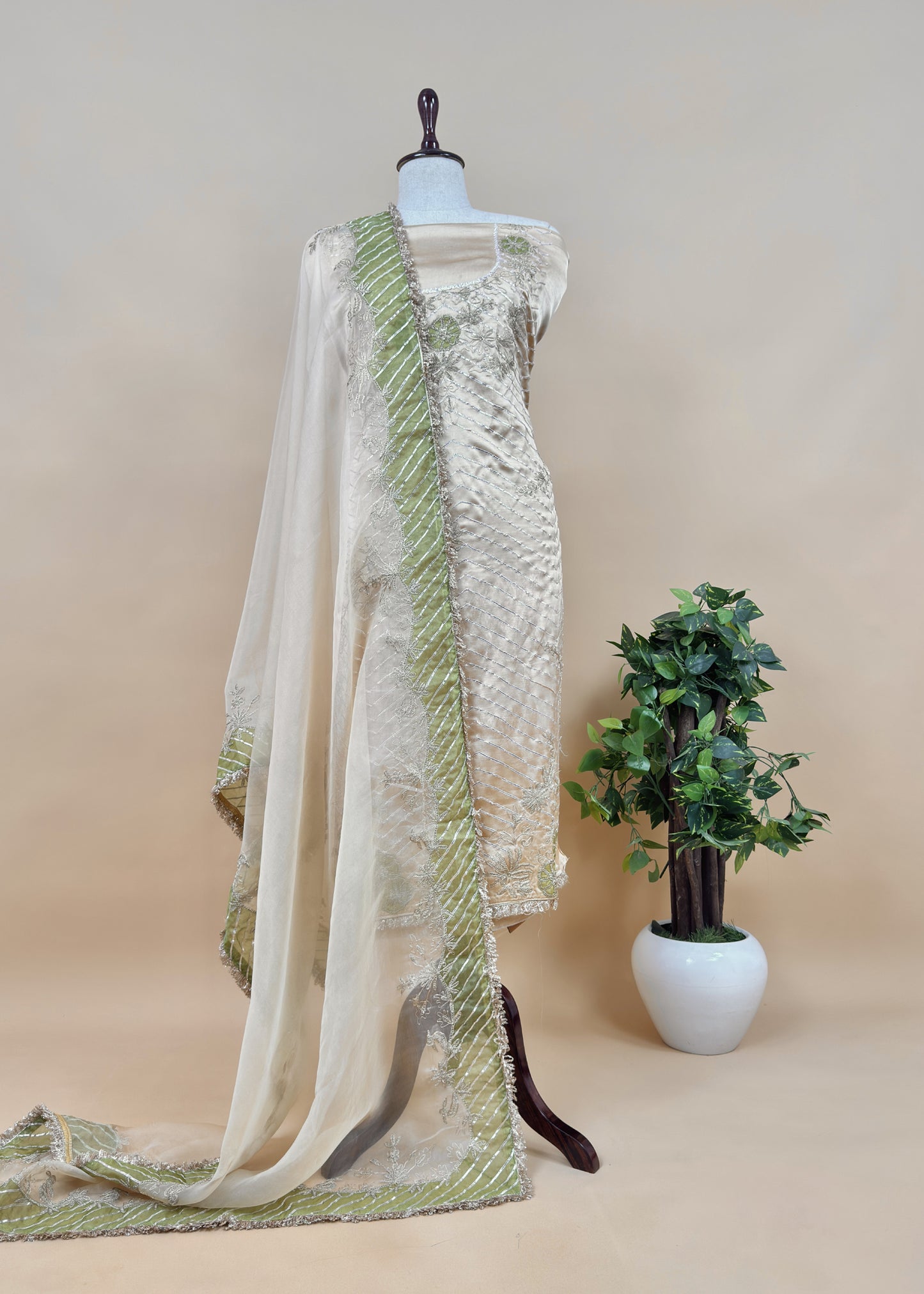 Beige Pure Silk Suit With Dori embroidery, Jhalar laces, Appliqué And Gota Handwork