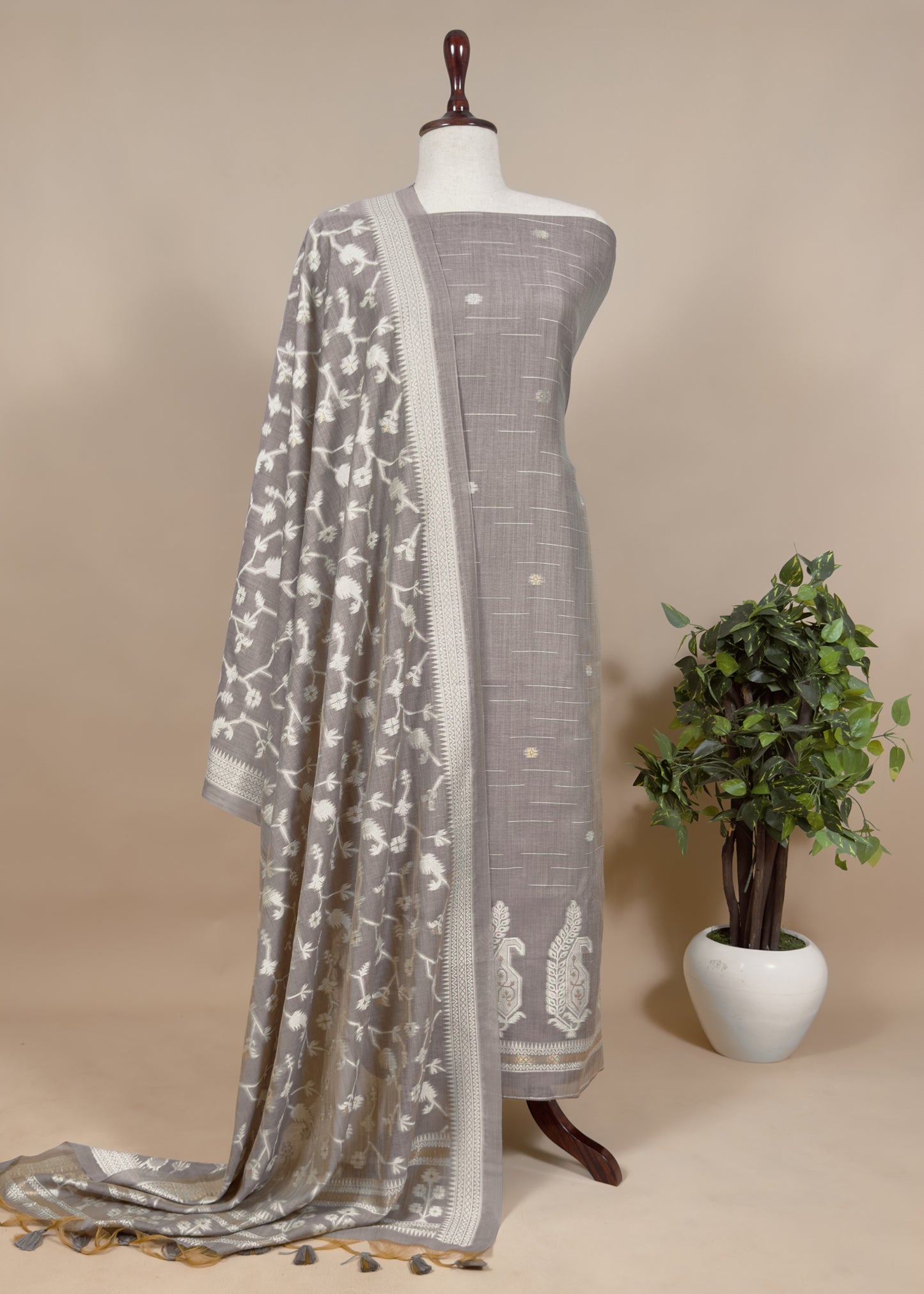 linen chanderi suit with jamdani weaving