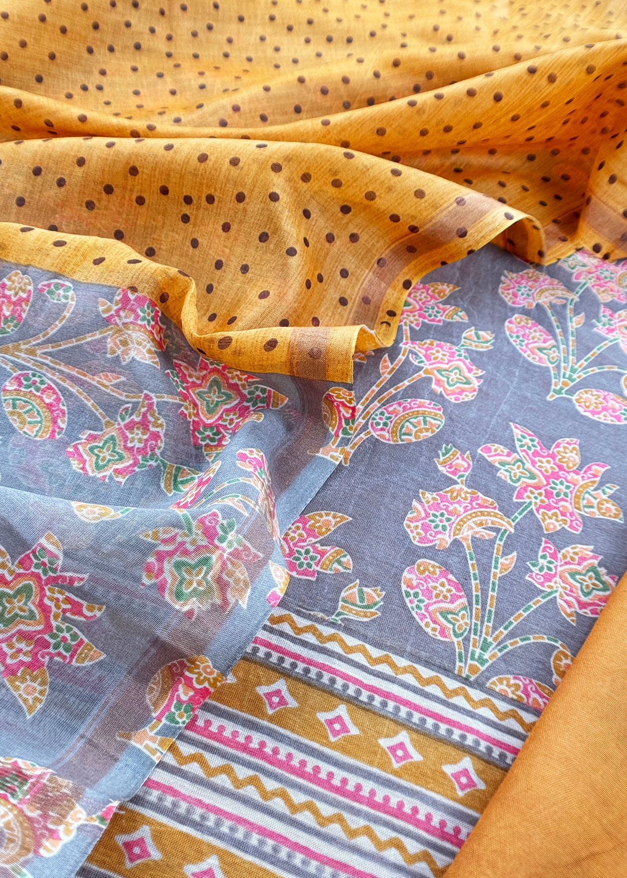 Grey Yellow Gulbahar Pure Maheshwari Silk Unstitched Suit Fabric With Jaipuri Handblock Print