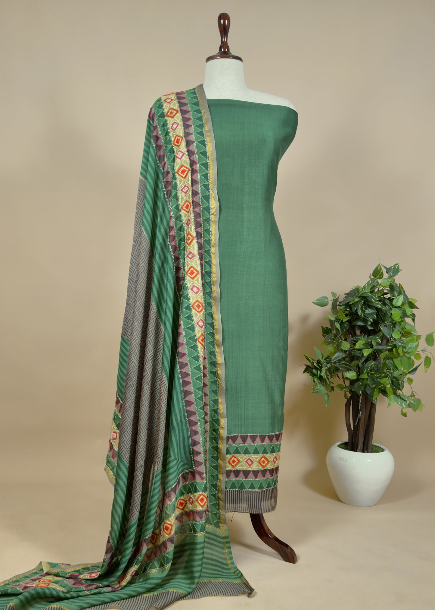 Greenish Brown Maheshwari Silk Unstitched Suit Set With Kantha Embroidery