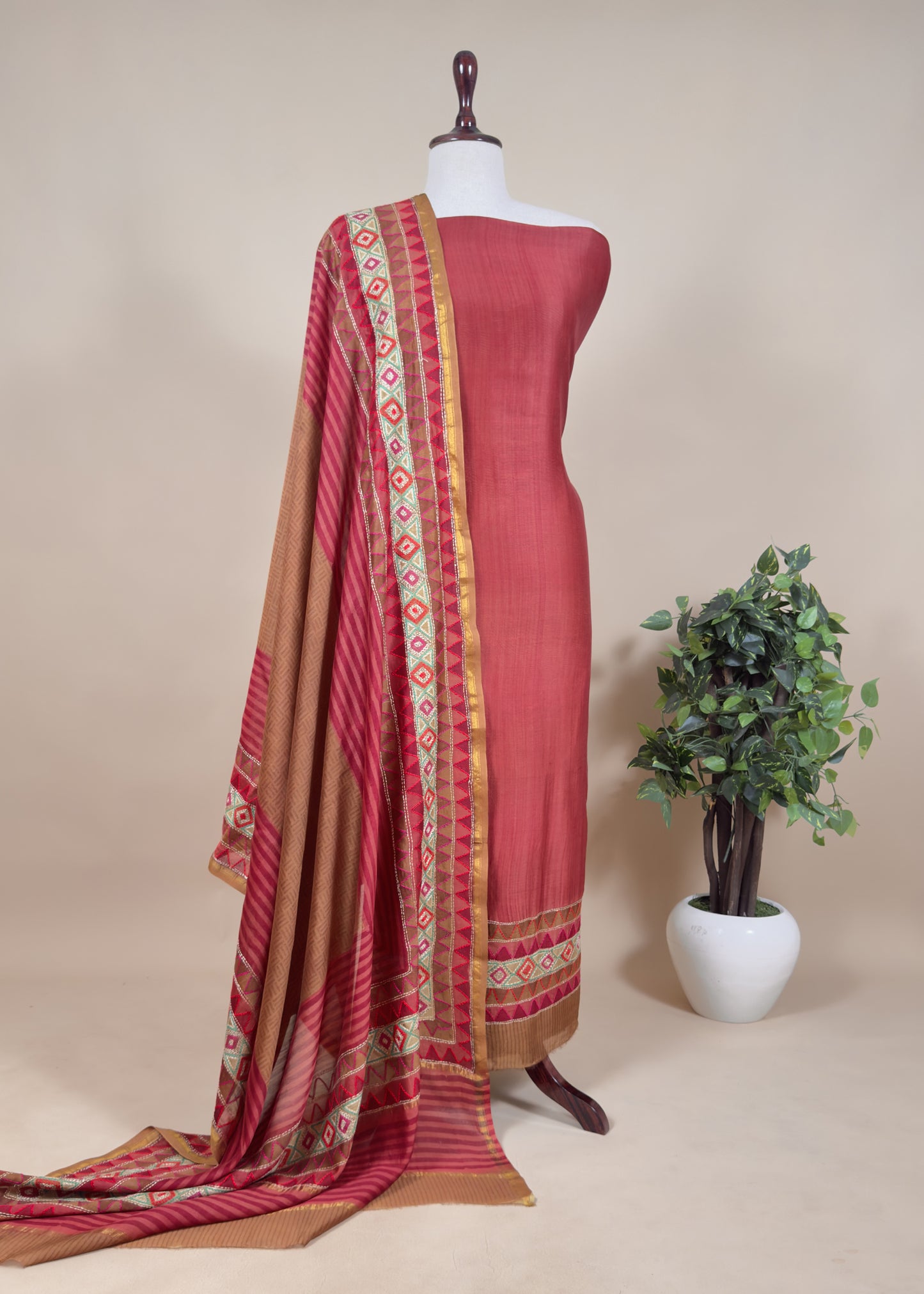 Greenish Brown Maheshwari Silk Unstitched Suit Set With Kantha Embroidery