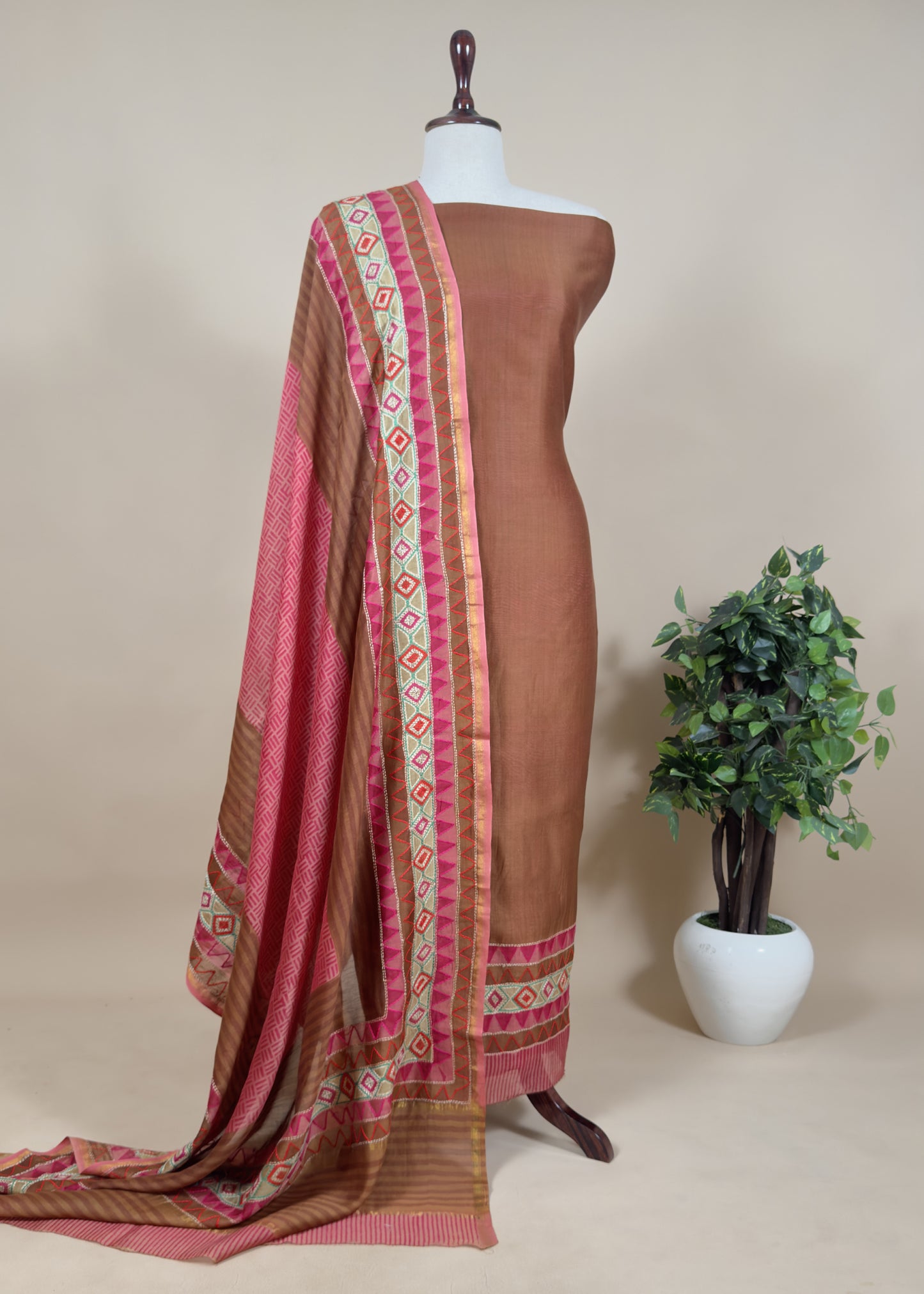 Greenish Brown Maheshwari Silk Unstitched Suit Set With Kantha Embroidery