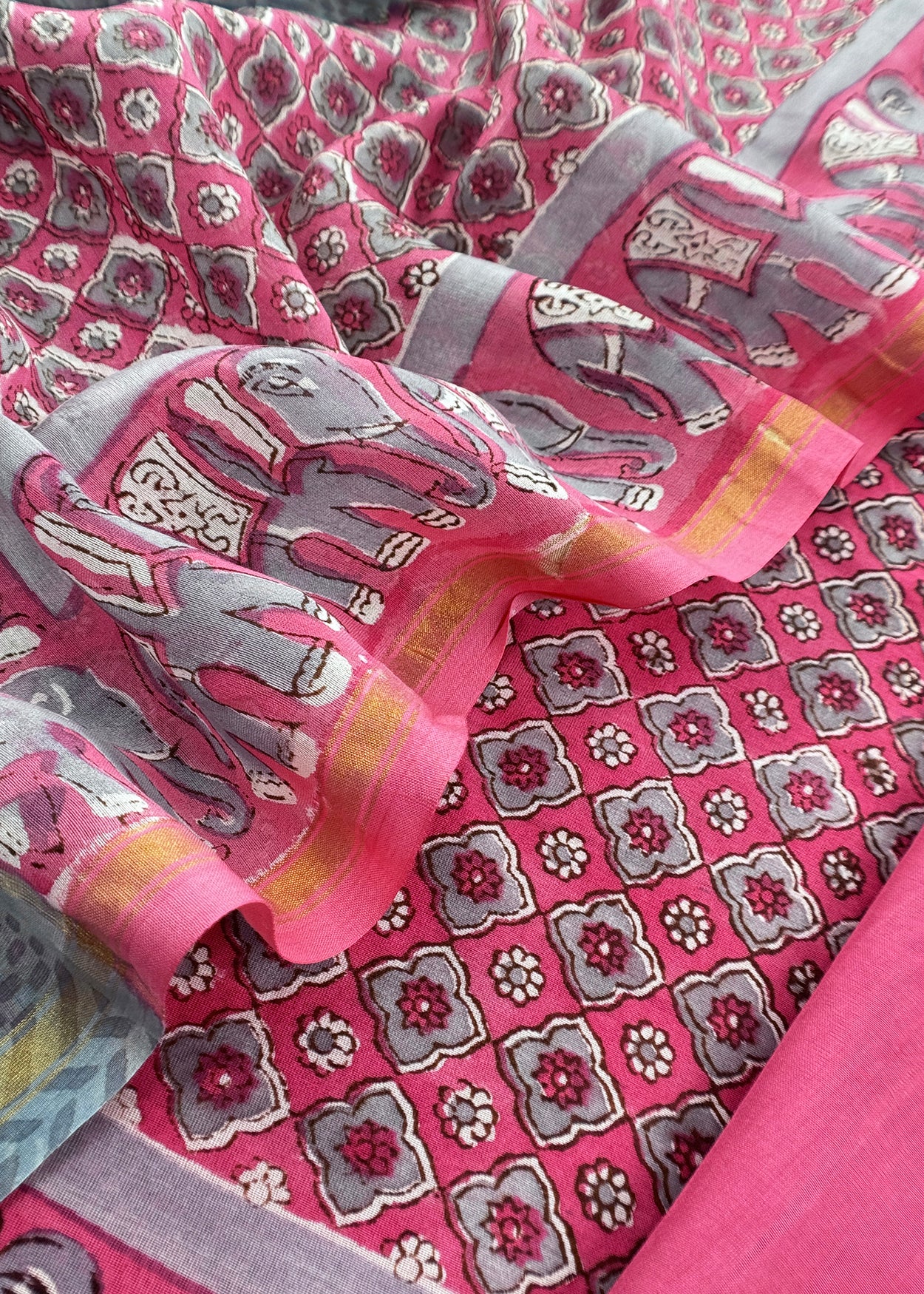 Pink Gulbahar Pure Mulmul unstitched Suit Fabric With Jaipuri Handblock Print