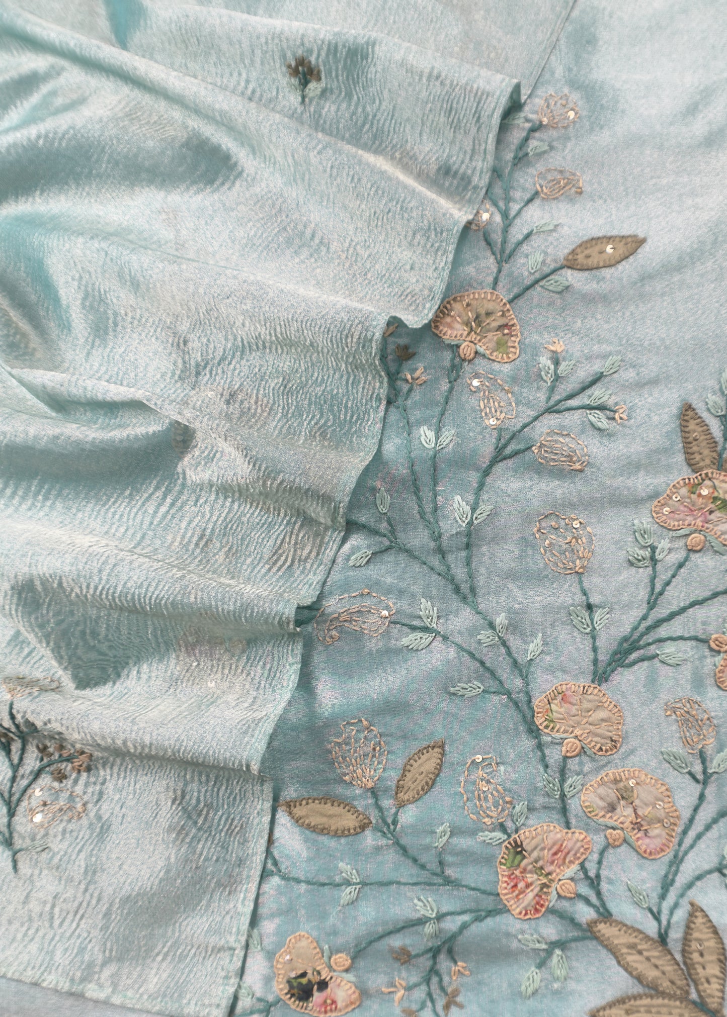 Blue Tissue Silk Suit With Thread Embroidery And Patch Work